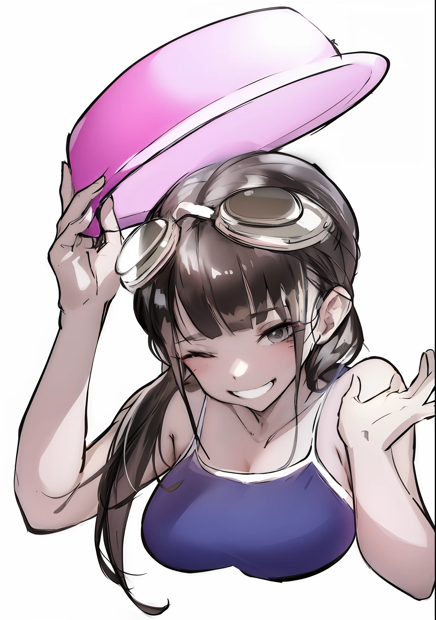 Anime girl with a pink hat and goggles on her head, mamimi samejima, Junko Enoshima, fubuki, maya fey from ace attorney, Kantai collection style, yayoi kasuma, juri misaki, shiori teshirogi, chiaki nanami from danganronpa, mao hamaguchi, in a bathing suit,Water is sprinkled on the body,Raised sexy