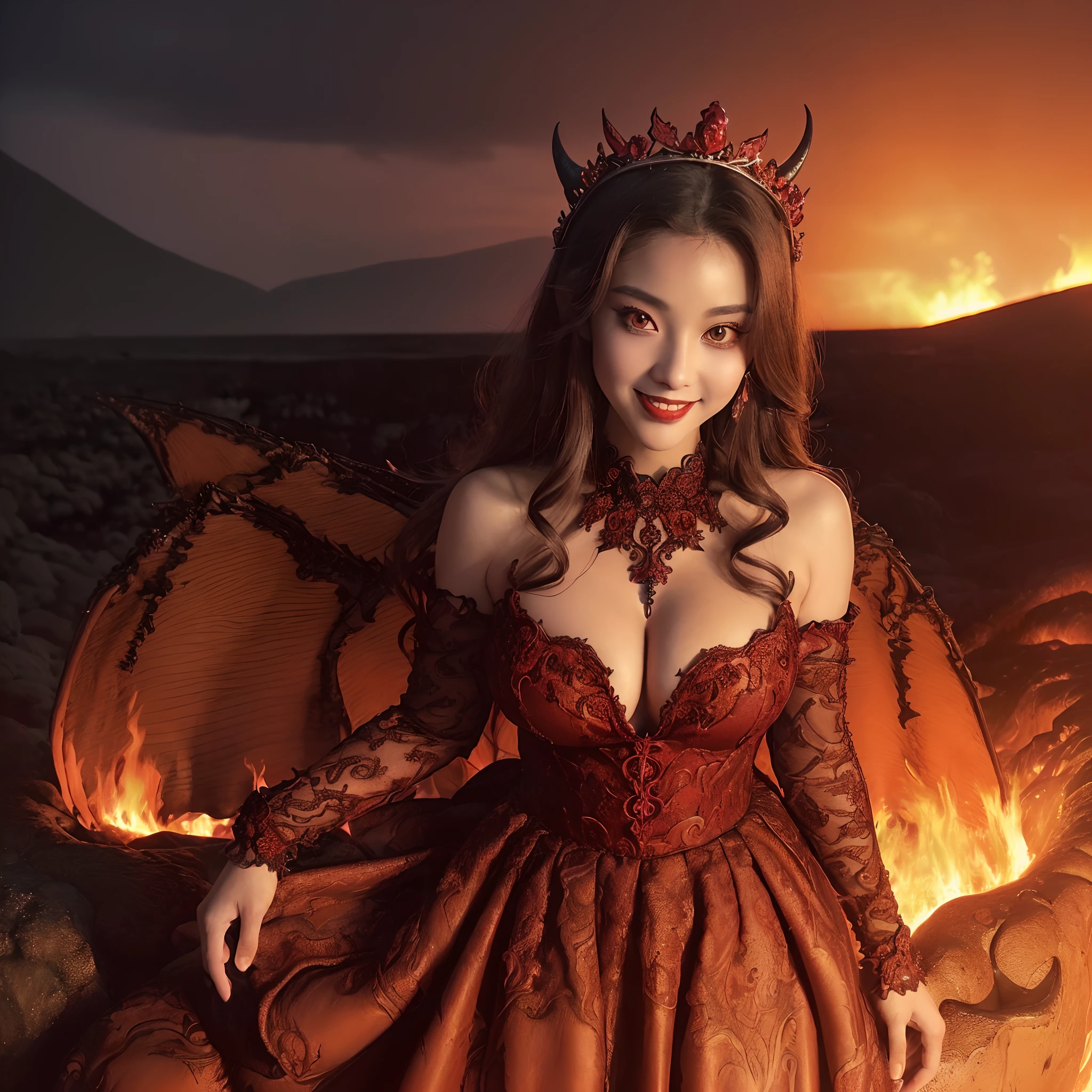 (((masutepiece、top-quality、The most intricate and detailed details)))、((((eyes glowing red,Glowing red eyes,Glowing red eyes)))),((A very beautiful demon queen,Luxurious Long Dress Skirt,A detailed face,A large amount of lava flows in the background,Lava flowing in large quantities,Giant Devil Tiara,Big Princess Dresses,Final form as a complete demon,The Devil's Masterpiece,Huge and intricate demon wings,Big Devil's Horn,Realistic and big horns,Creepy horns,Wings with a very elaborate texture,Wings with a very complex texture,Creature wings with a very realistic texture,Wings of a terrifying monster,The most intricate and luxurious gothic dresses,Bright red lipstick,The most gorgeous princesses dress up with achievements,The most beautiful princesses in the world,Spooky and beautiful demons,The cutest face,Intricate and solemn black dress,The background is intricate and detailed volcanic lava, Evil and beautiful demon,The most majestic appearance of the Demon Queen,Huge Queen Tiara,The most complex depictions of demons,Accurate reproduction of perfect demonic details,The appearance of an unimaginably gorgeous demon,The unimaginably huge and beautiful appearance of the demon)),((Lava erupts violently,Lava splashes,Glowing lava,Sea of lava,lava river,Lava flowing out in large quantities,Stand in the crater of a volcano,Realistic and complex lava)),((Most beautiful face,Half Japan and half Spanish,The happiest smile,Beautiful wavy hair,The most luxurious and intricate dresses,The biggest smile staring at the camera)),,Chest that seems to burst,A dress that tightens the waist,Slimed,Colossal tits,Emphasize body lines,Giant wings of the devil,masutepiece,8K,very intricate,ultra-detailliert
