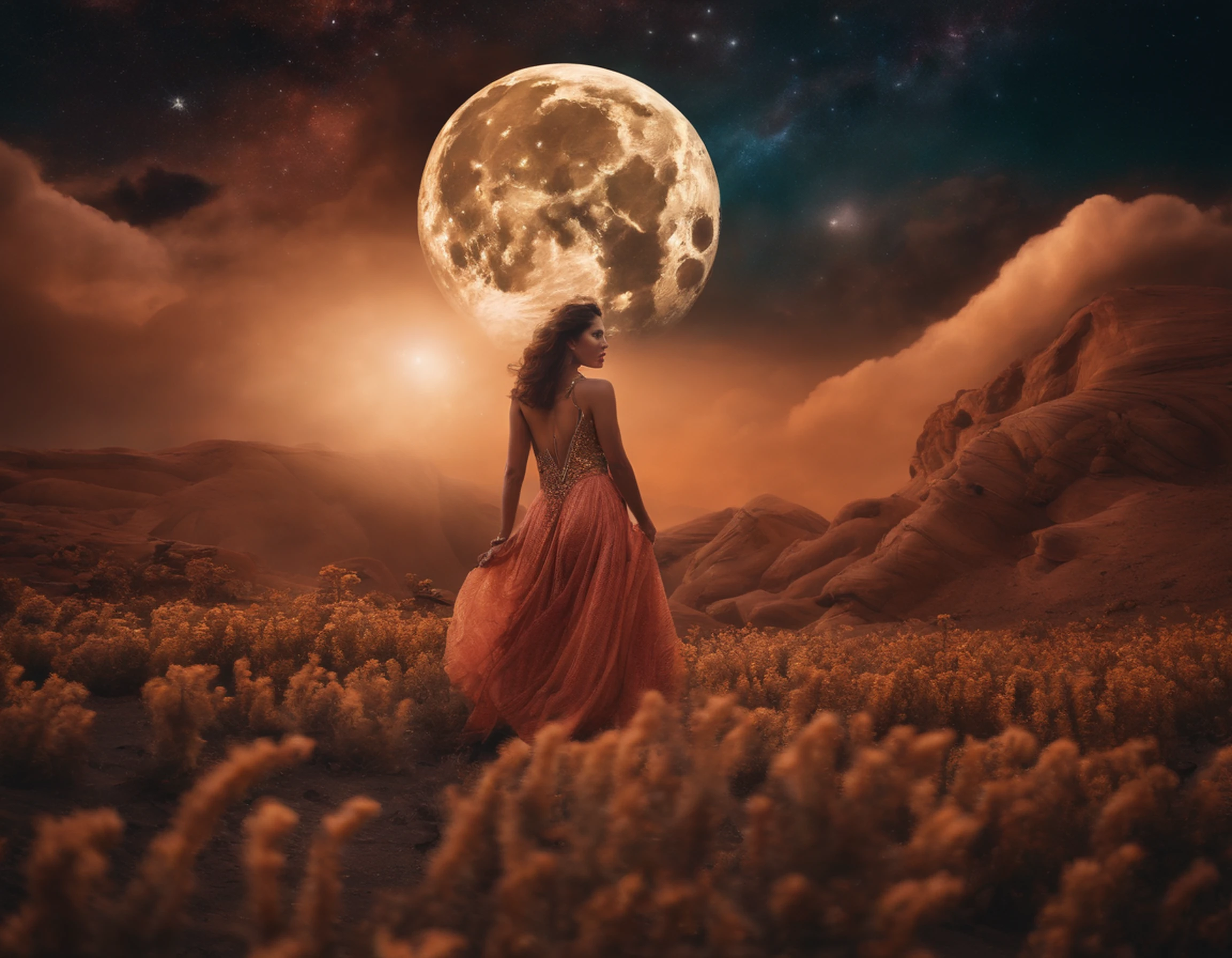 Psychedelic and surreal scene: A nude woman on the moon, extravagant attire, vibrant and psychedelic patterns, surreal moon landscape with alien-like features, starry sky with exotic colors. Woman in awe, blending with the lunar environment, surreal elements like spiraling plants and floating structures, magical and ever-changing lighting, a mind-bending journey on the moon.