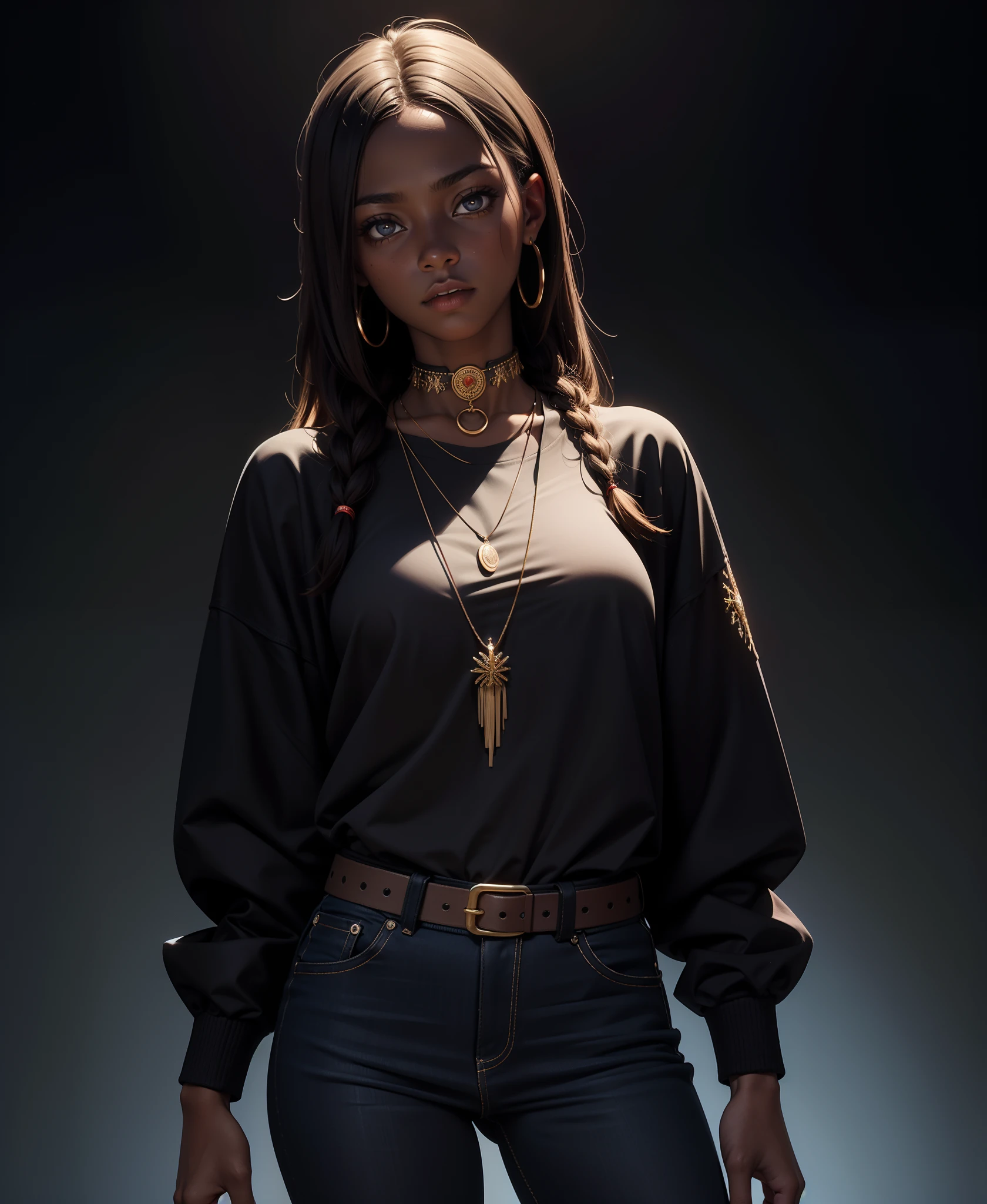 masterpiece,best quality,ultra high res,1 dark skinned African girl,(fractal art:1.3),deep shadow,dark theme,fully clothed,necklace,forlorn,cowboy shot,