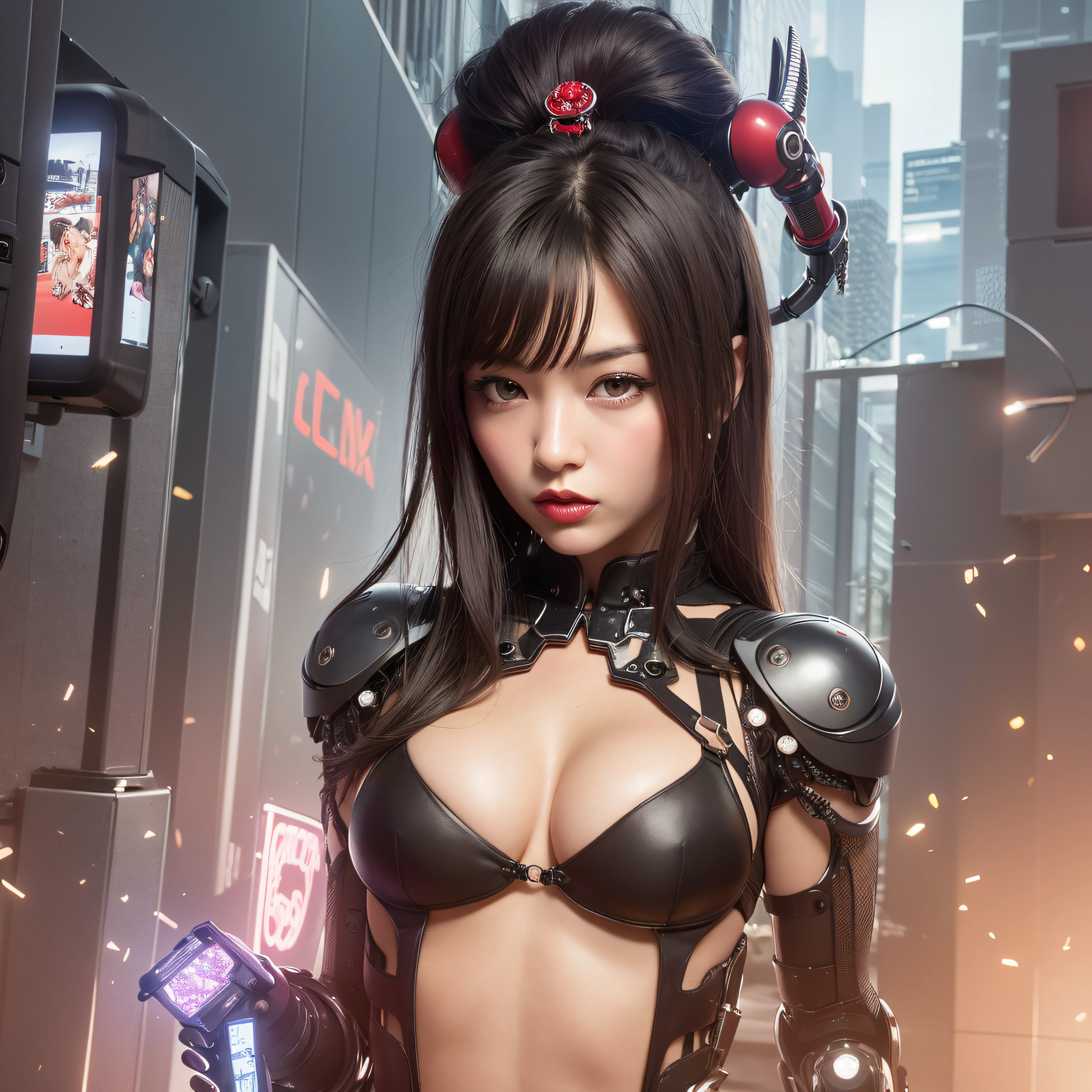 ((calidad superior)), ((obra maestra)), ((realista)), (Los detalles), (fotorrealista:1.5), (sexy geisha with red lips) Science-Fiction, HDR, Trazado de rayos, NVIDIA RTX, Los ultra-Highres, Irreal 5, Sub-Surface Scatterring, PBR texturizado, Post-procesamiento, Anisotropic filtering, Profundidad de campos, maximum sharpness and sharpness, Regla de los tercios、8K RAW、(Luminescent Particles:1.4)、(super-detailed CG、Unidad 8k Fondos de pantalla、lighting like a movie、destello de lente、foco nítido. sexy geisha with red lips, Robotic Parts, Cannon fire, Arte cyberpunk、arquitectura cyberpunk