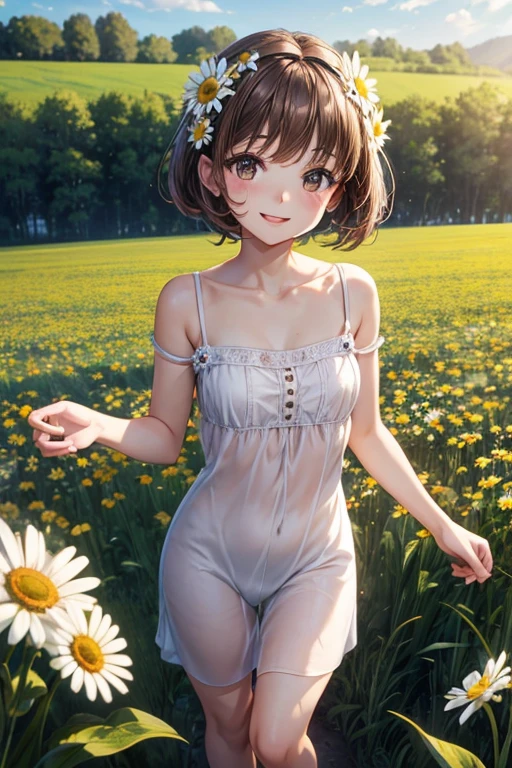nude young girl with daisy charm on her head, short brown hair, short height, smiling, in the field, beautiful