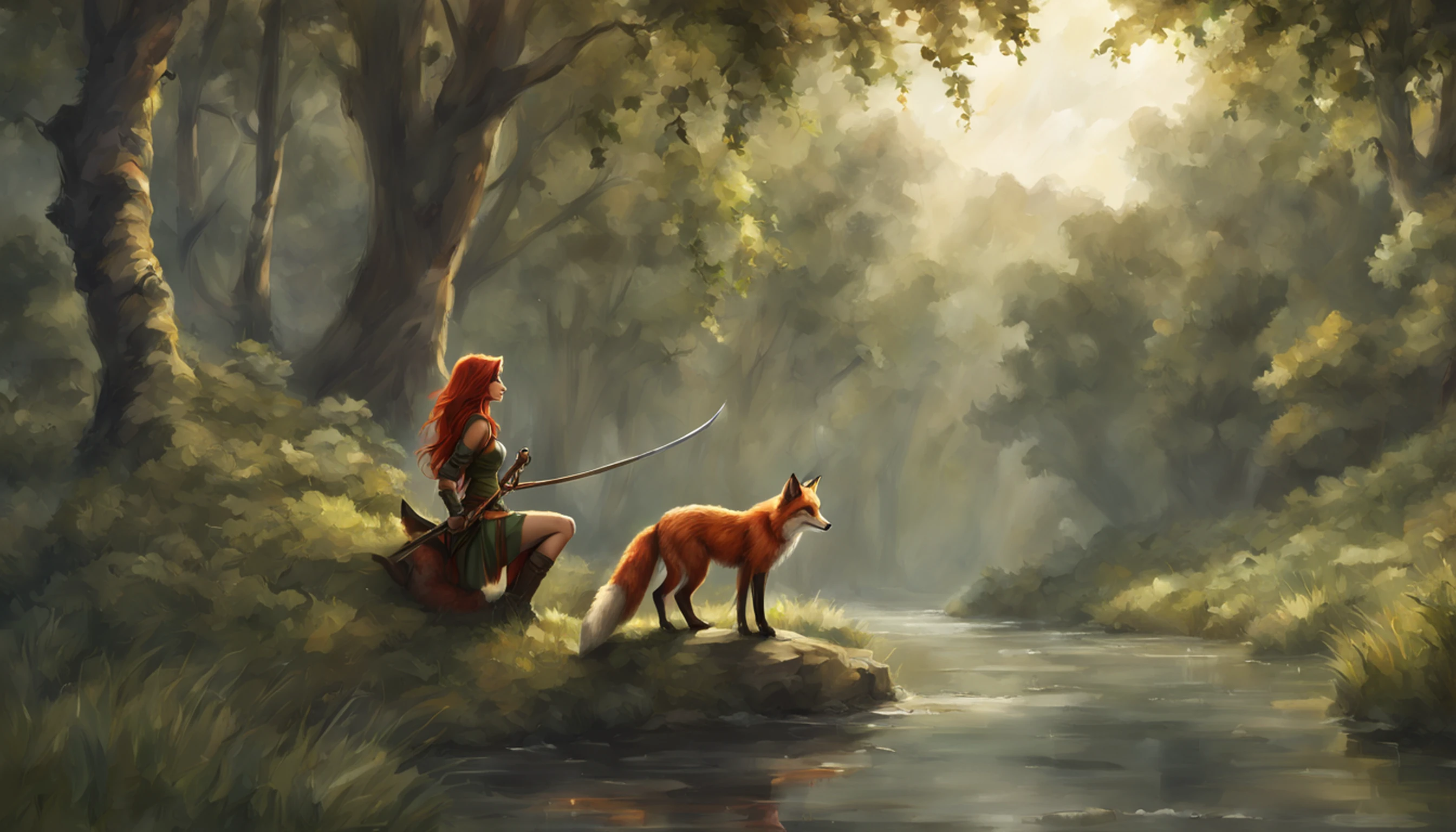 high details, best quality, 8k, [ultra detailed], masterpiece, best quality, (extremely detailed), dynamic angle, ultra wide shot, RAW, photorealistic, fantasy art, dnd art, rpg art, realistic art, a wide angle picture of a female human ranger and her pet fox, warrior of nature, fighter of nature, full body, [[anatomically correct]]. dynamic position (1.5 intricate details, Masterpiece, best quality) talking to a fox (1.6 intricate details, Masterpiece, best quality) in forest (1.5 intricate details, Masterpiece, best quality), a female wearing leather clothes (1.4 intricate details, Masterpiece, best quality), leather boots, thick hair, long hair, red hair, fair skin intense eyes, forest background (intense details), a stream flowing in the backgraound (1.4 intricate details, Masterpiece, best quality), dawn light, clouds (1.4 intricate details, Masterpiece, best quality), dynamic angle, (1.4 intricate details, Masterpiece, best quality) 3D rendering, high details, best quality, highres, ultra wide angle