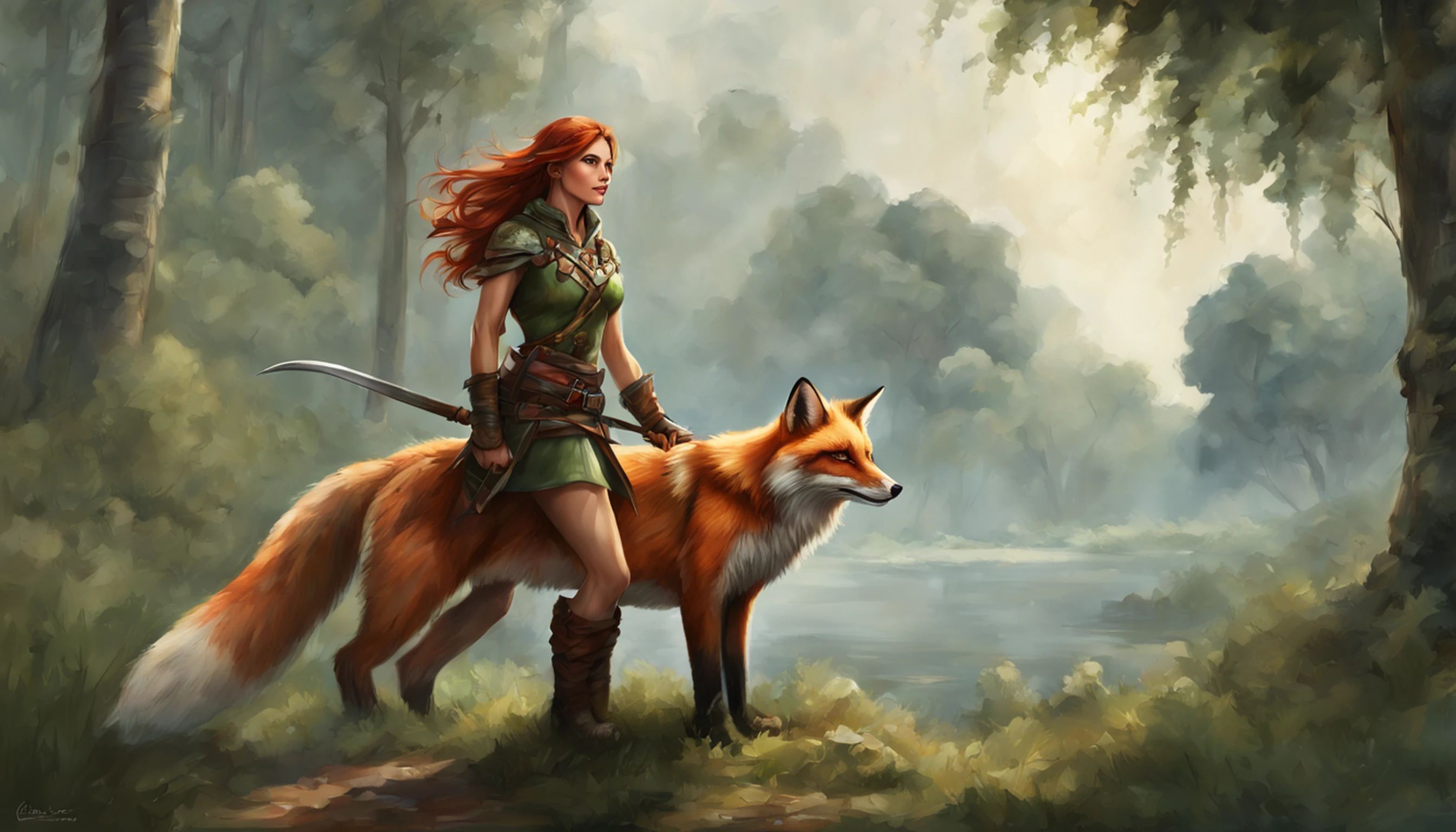 high details, best quality, 8k, [ultra detailed], masterpiece, best quality, (extremely detailed), dynamic angle, ultra wide shot, RAW, photorealistic, fantasy art, dnd art, rpg art, realistic art, a wide angle picture of a female human ranger and her pet fox, warrior of nature, fighter of nature, full body, [[anatomically correct]]. dynamic position (1.5 intricate details, Masterpiece, best quality) talking to a fox (1.6 intricate details, Masterpiece, best quality) in forest (1.5 intricate details, Masterpiece, best quality), a female wearing leather clothes (1.4 intricate details, Masterpiece, best quality), leather boots, thick hair, long hair, red hair, fair skin intense eyes, forest background (intense details), a stream flowing in the backgraound (1.4 intricate details, Masterpiece, best quality), dawn light, clouds (1.4 intricate details, Masterpiece, best quality), dynamic angle, (1.4 intricate details, Masterpiece, best quality) 3D rendering, high details, best quality, highres, ultra wide angle