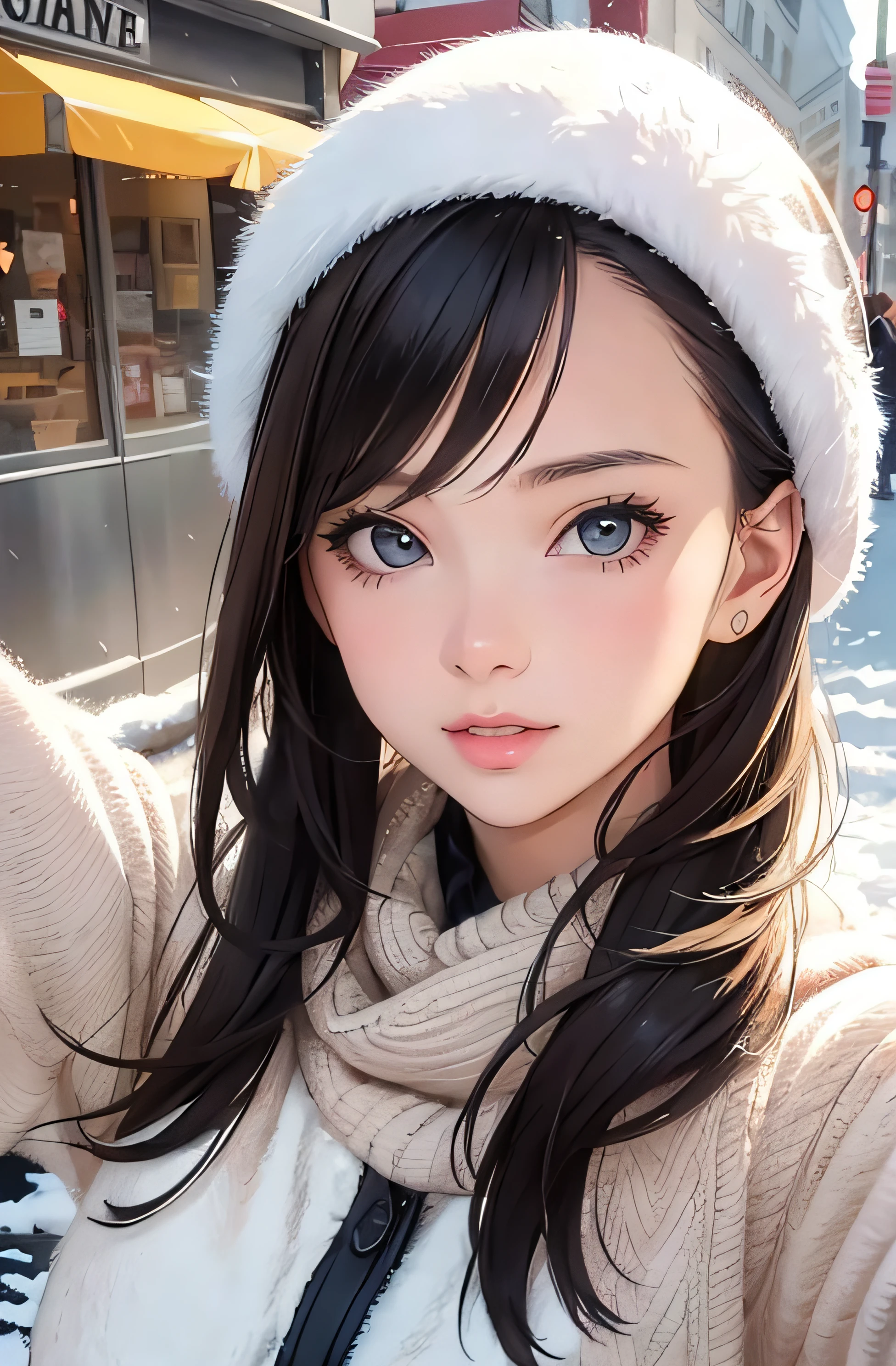 girl in winter clothes, top shot,((selfie)), random background, kiss, beautiful, medium breasts, flirtatious look, ((very detailed)), (perfectly detailed face), (well detailed hand), photorealistic image.