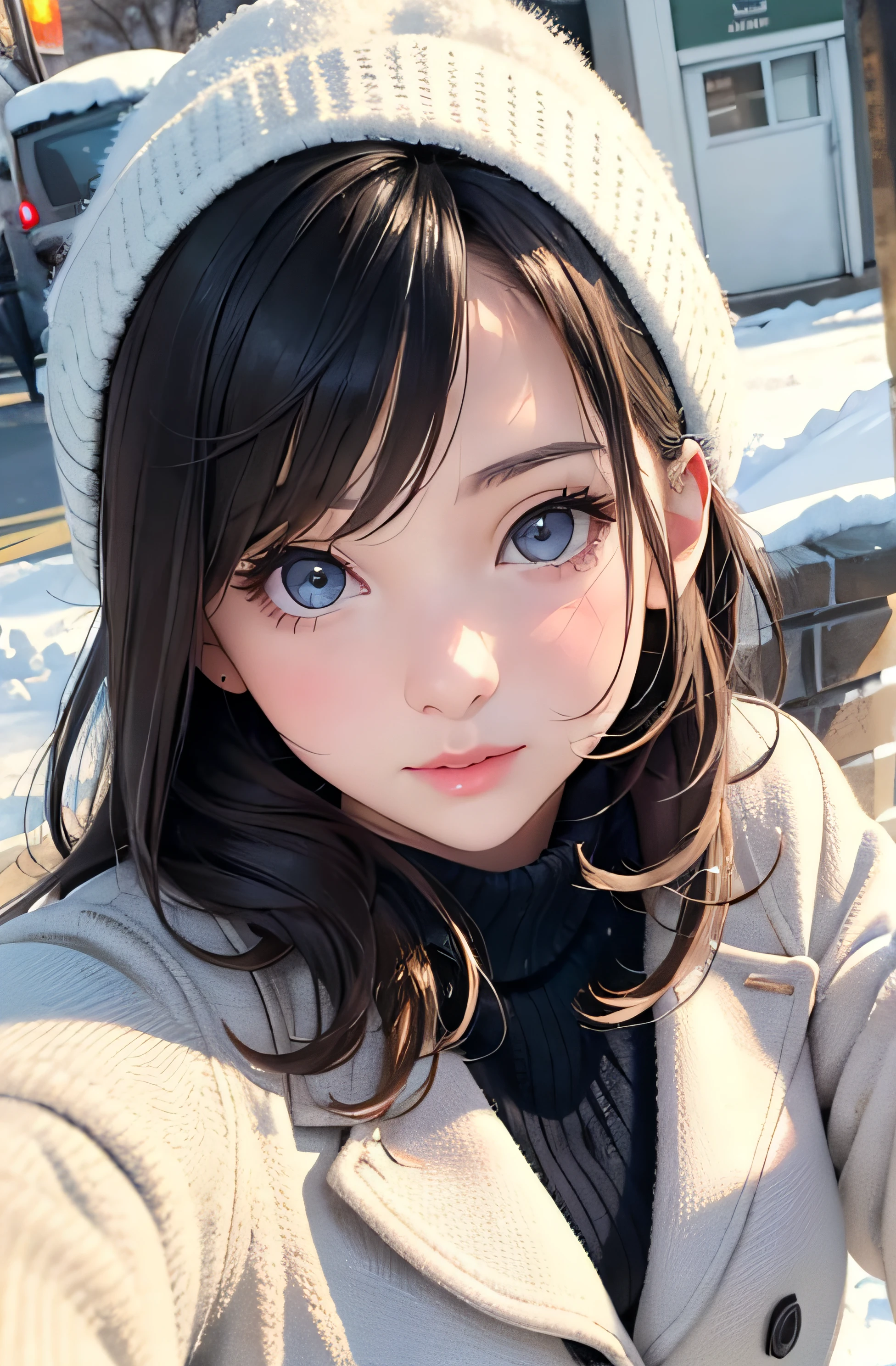 girl in winter clothes, top shot,((selfie)), random background, kiss, beautiful, medium breasts, flirtatious look, ((very detailed)), (perfectly detailed face), (well detailed hand), photorealistic image.