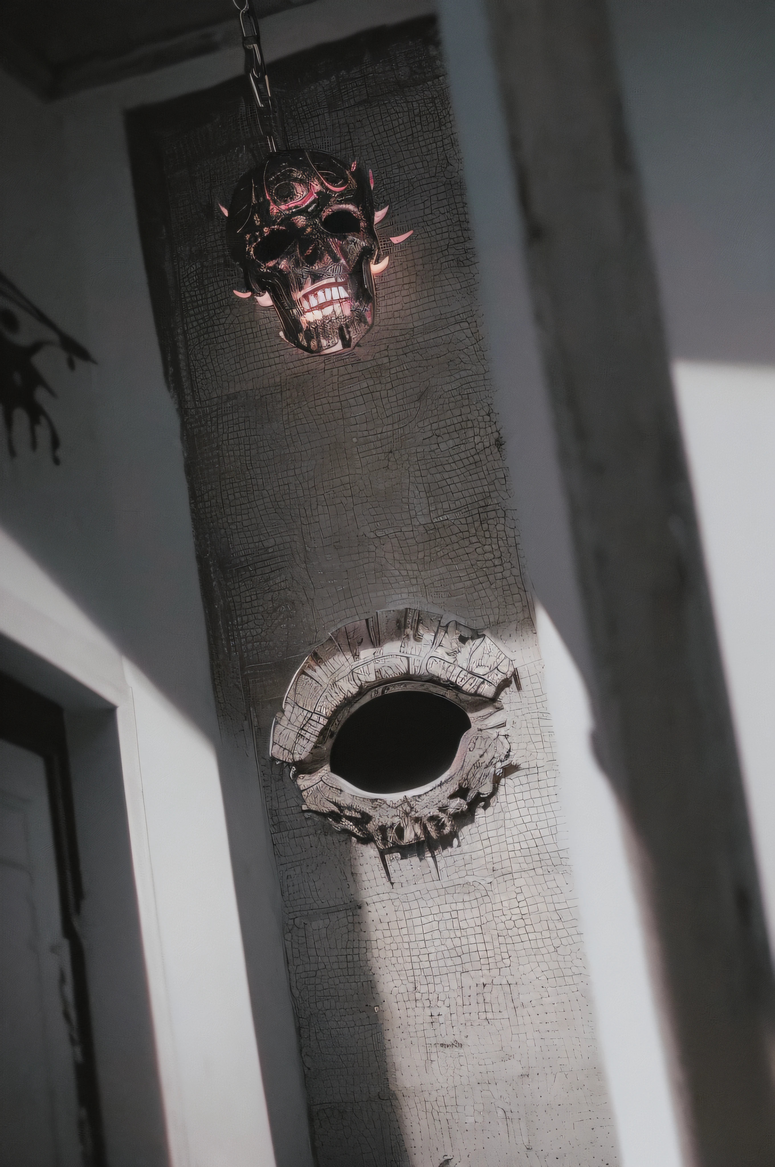 "(The best lighting, oscuro, dramatic),(feto calavera alien, Hellraiser, Cicatrices, sexy, cerebro, sangre, alas blancas sucias, una rata dentro de la cabeza, terror.),(ojos rojos, calaveras). morning light.