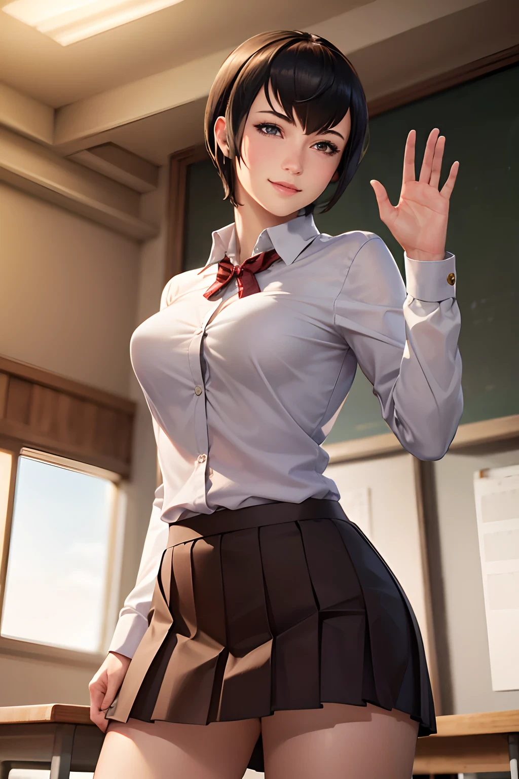 (best quality, masterpiece:1.2), ultra-detailed, realistic, mature woman, detailed hair, detailed eyes, detailed lips, kjelle, military school uniform, 
pleated skirt, classroom, upper body, looking at viewer, short hair, medium breasts, from below, muscular, happy smile, waving