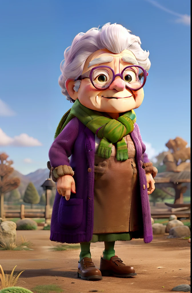 masterpiece, best quality, an old woman with glasses and a scarf on, wearing a purple coat and green scarf, standing at the park