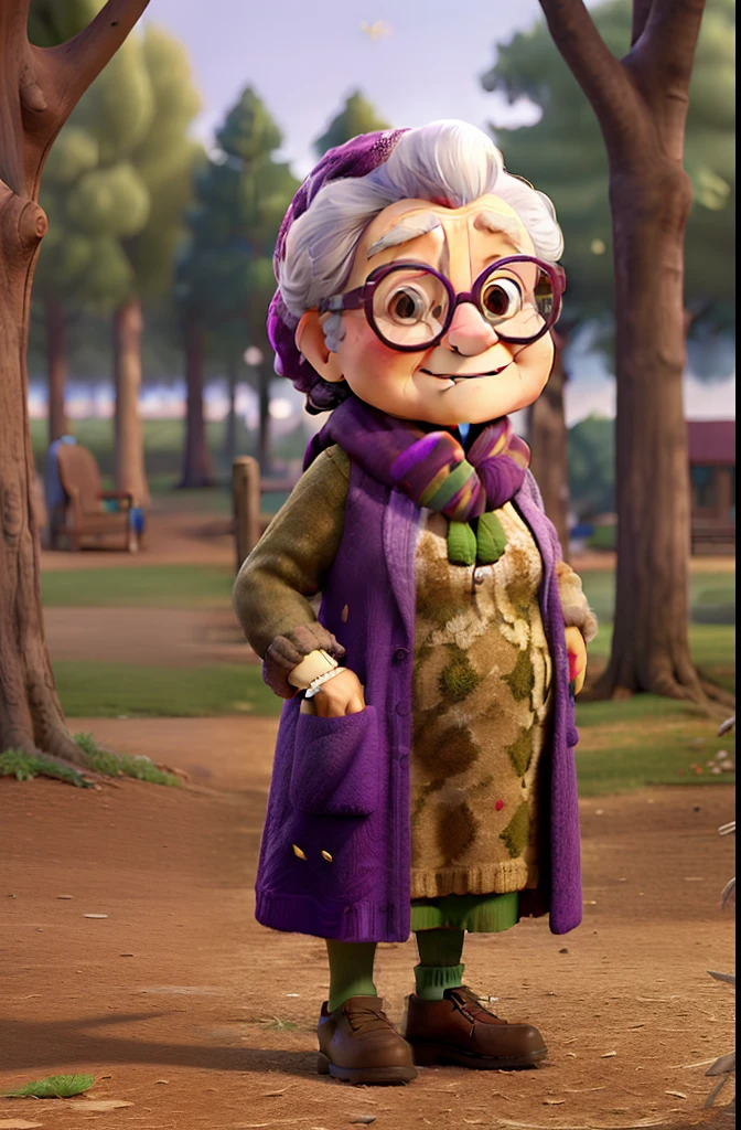 masterpiece, best quality, an old woman with glasses and a scarf on, wearing a purple coat and green scarf, standing at the park