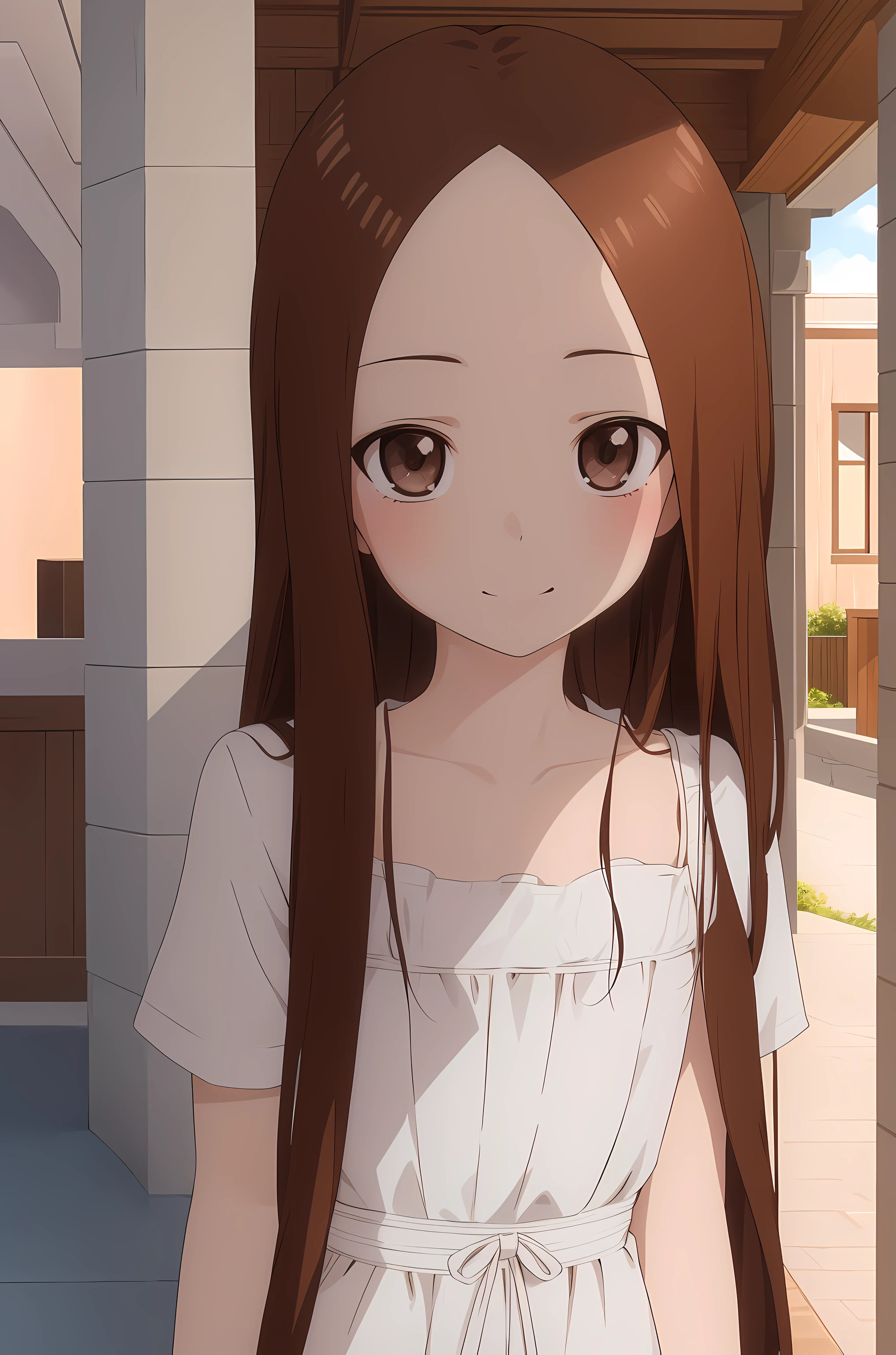 takagi1, seductive, wearing dress, ultra detailed, beautiful, masterpiece, high quality, high resolution, sunlight, delicate face, beautiful and highly detailed skin, realistic skin details, sharp focus,