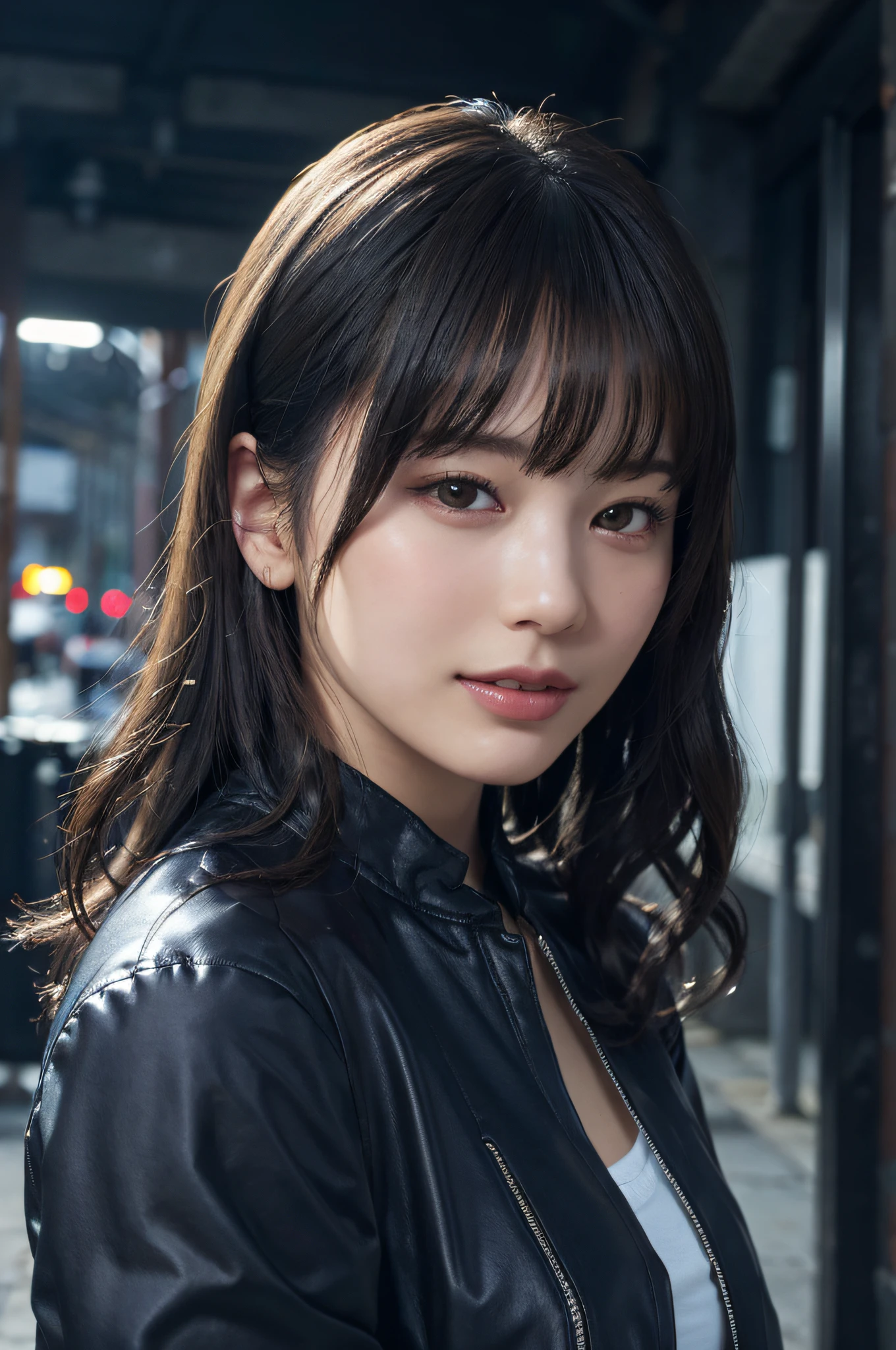 best quality, white skin, real human skin, detailed face, oval face, bang, ultra high res, (8k, RAW photo, photorealistic:1.4), 1girl, slim, Long blonde hair, (looking at viewer with a serene and goddess-like happiness:1.2), ( lipgloss, eyelashes, gloss-face, best quality, ultra highres, Broad lighting, natural shading), oversized jacket, black shirt,