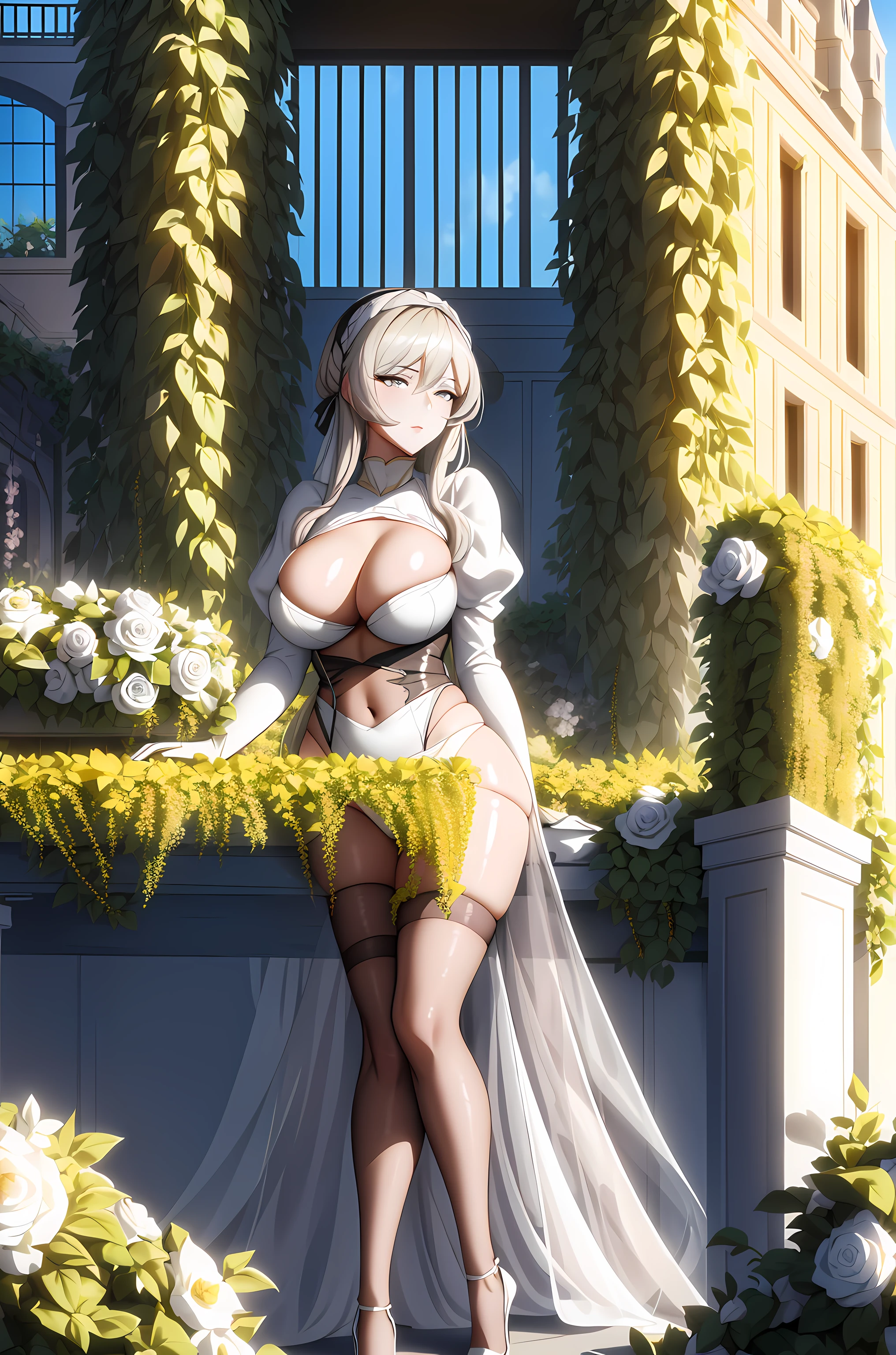 Claudia Levantina, (yorha 2B), seductive pose, in a garden full of flowers8k wallpaper, ultra detailed, beautiful, masterpiece, high quality, high resolution, sunlight, delicate face, beautiful and highly detailed skin, realistic skin details, sharp focus,