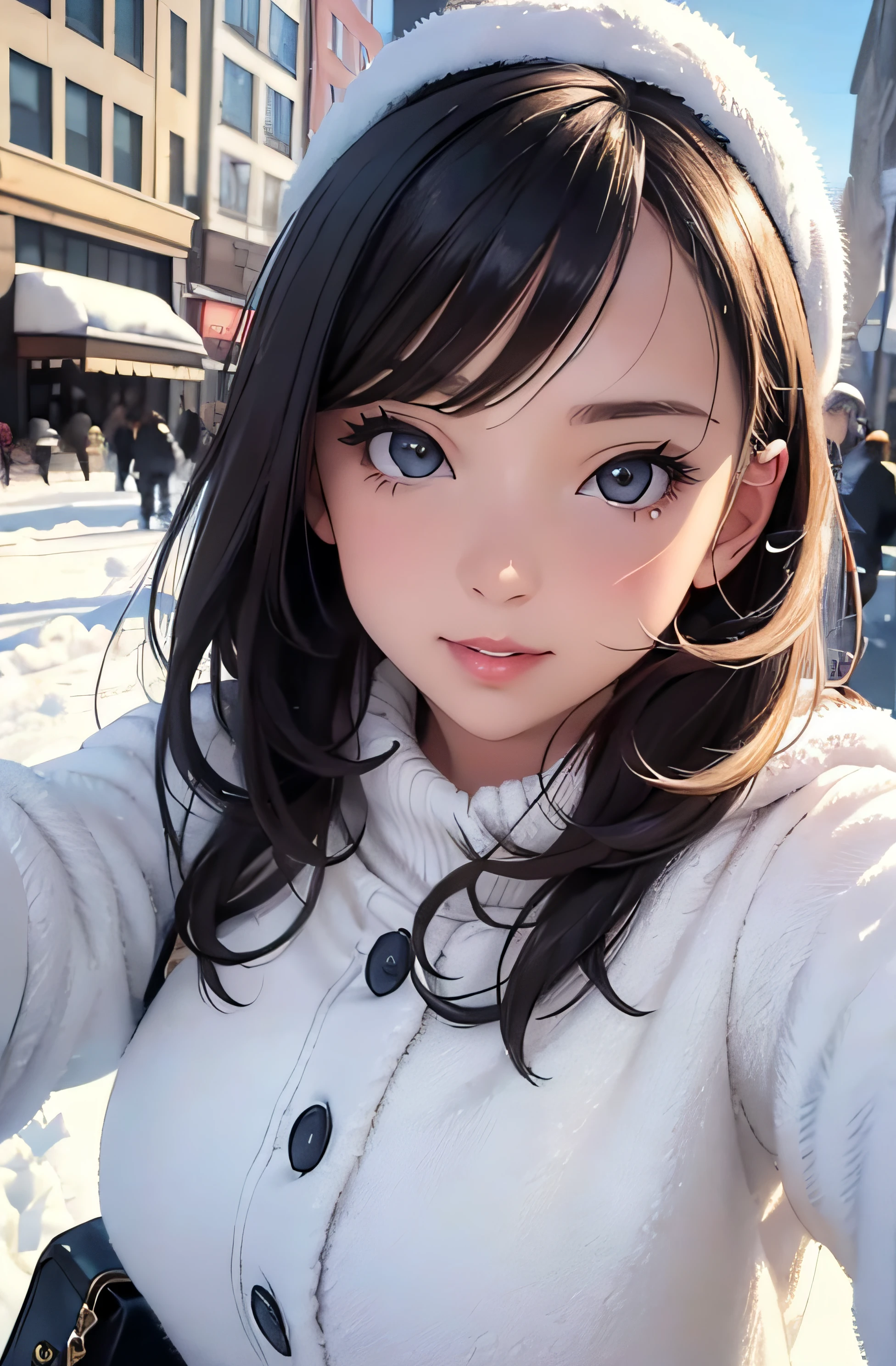 girl in winter clothes, top shot,((selfie)), random background, kiss, beautiful, medium breasts, flirtatious look, ((very detailed)), (perfectly detailed face), (well detailed hand), photorealistic image.