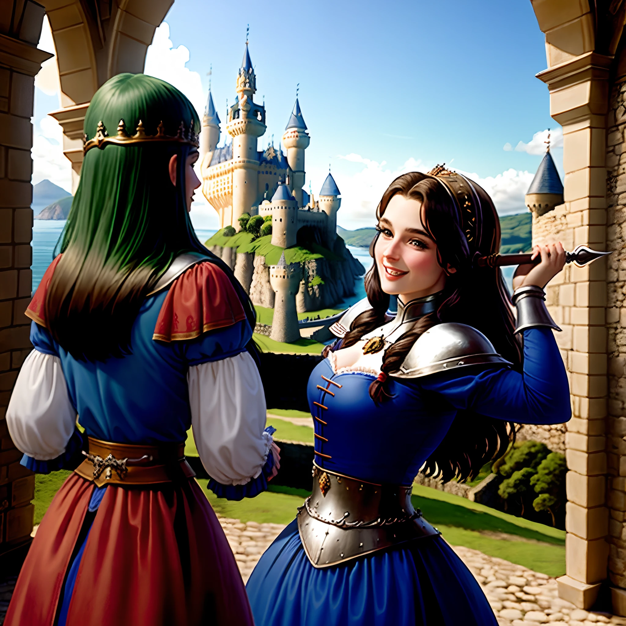 Mulher medieval linda em batalha,com um lindo castelo ao fundo