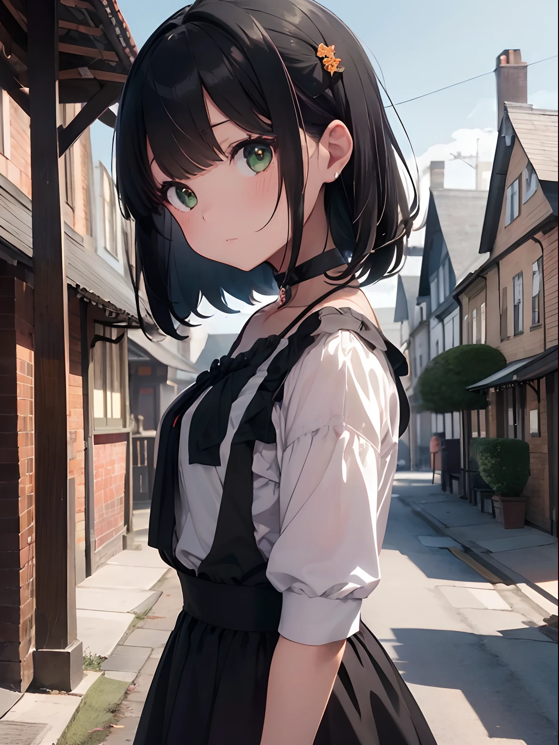 Bangs Black Hair Bob、Kawaii Girl、Green eyes、Choker around the neck、 the witch、 Jack-o'-lantern, Cinematic Angle, Vibrant colors、Illuminated cityscape、Beautiful Pavilion、Classic attire、 Old Inns (Old Inns) (Old Inns (Old Inns))、Girl in travel clothes、Bust-up shot, Delicate writing、 8K,