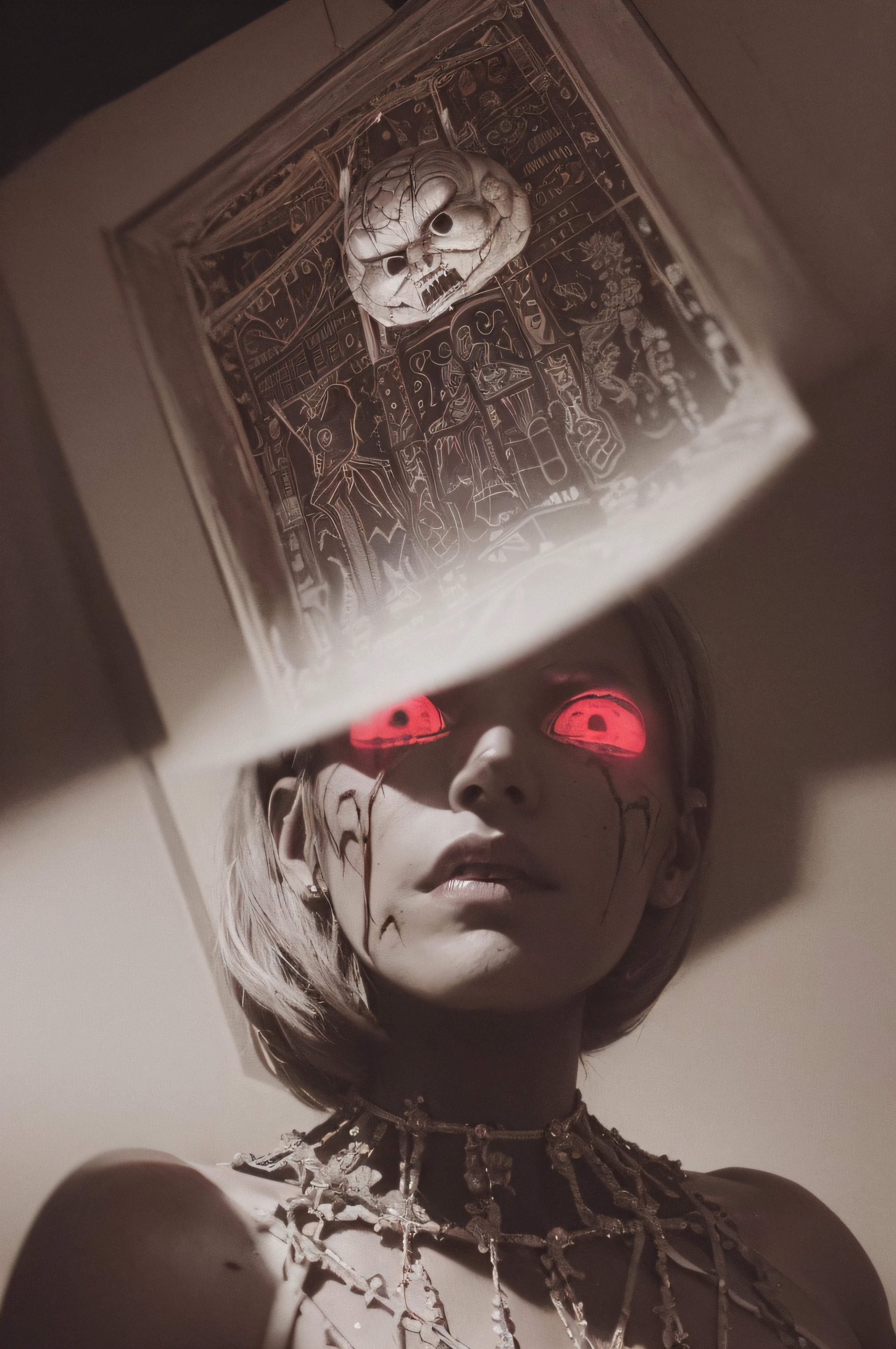 "(The best lighting, oscuro, dramatic),(feto calavera alien, Hellraiser, Cicatrices, sexy, cerebro, sangre, alas blancas sucias, una rata dentro de la cabeza, terror.),(ojos rojos, calaveras). morning light.