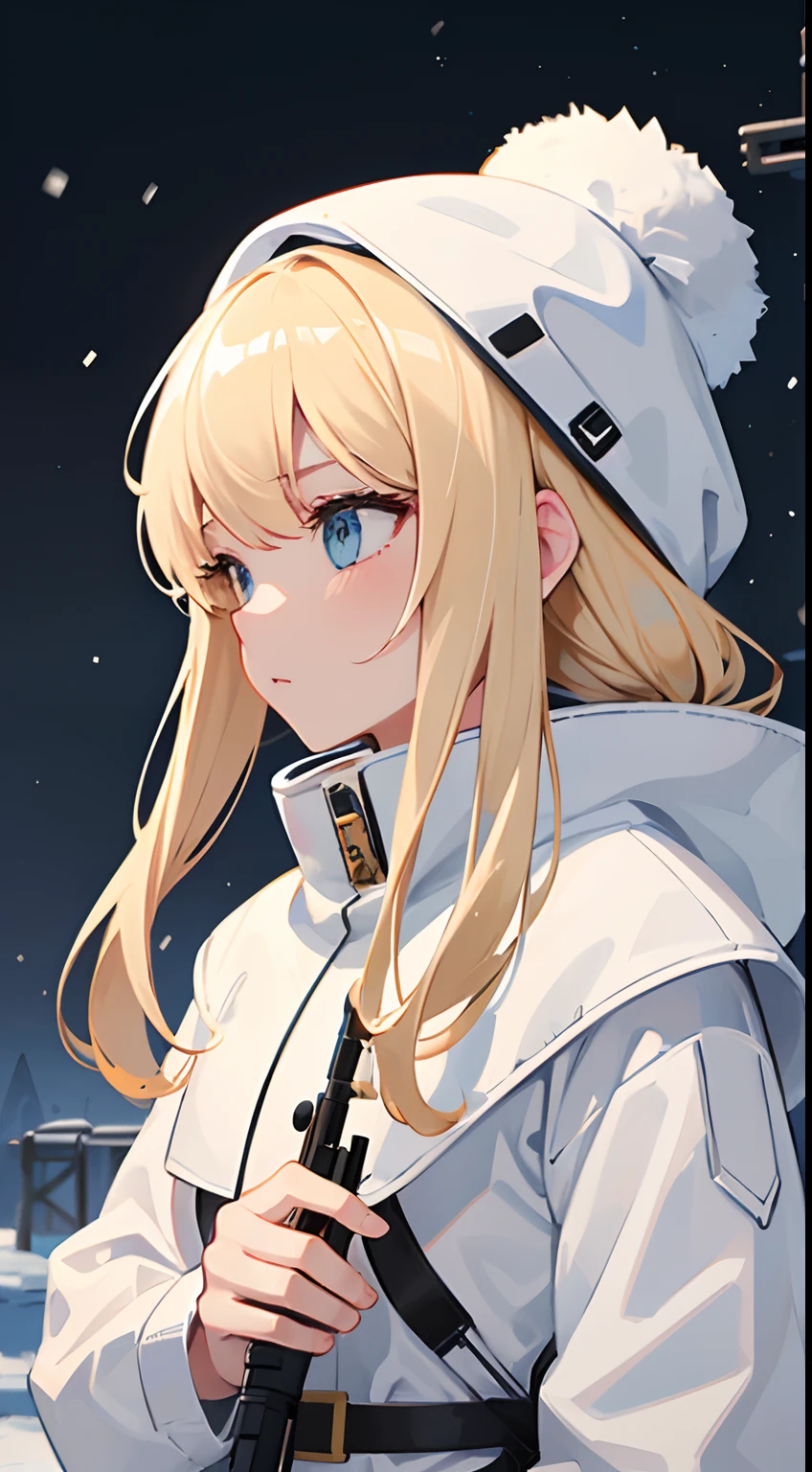 1 girl, blond, white ushanka, in snow mountain, White winter coat, white BDU, holding 1 sniper rifle, (best quality, high resolution, perfect quality), (looking afar), blizzard, {{{high detailed snipe rifle}}}