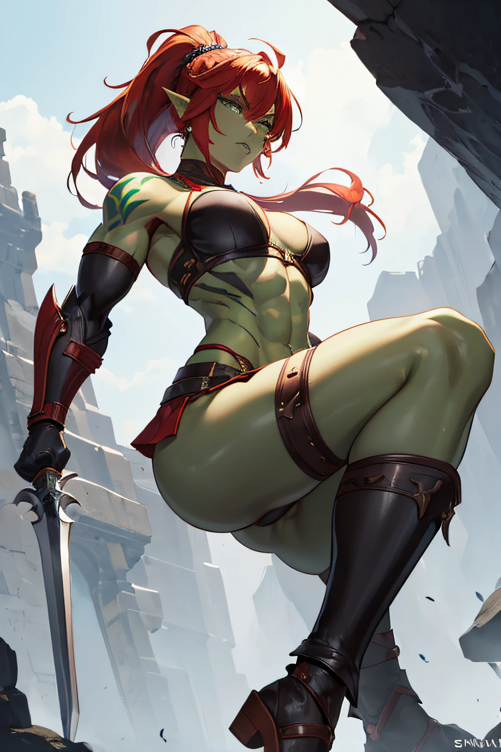 (1 muscular beauty female,warrior,half orc, humanoid,green skin, messy red hair,scar:1.3),large breasts, fantasy world, medieval, cave, mining operation, fortifications, (dameged micro leather bra,leather micro miniskirt, threatening armor, leg guard, gauntlets:1.2), red cape,dynamic fighting pose,dynamic angle,cameltoe,angry,(holding weapon:1.2),erected nipples,(tattoo on shoulder and legs :1.2),from below