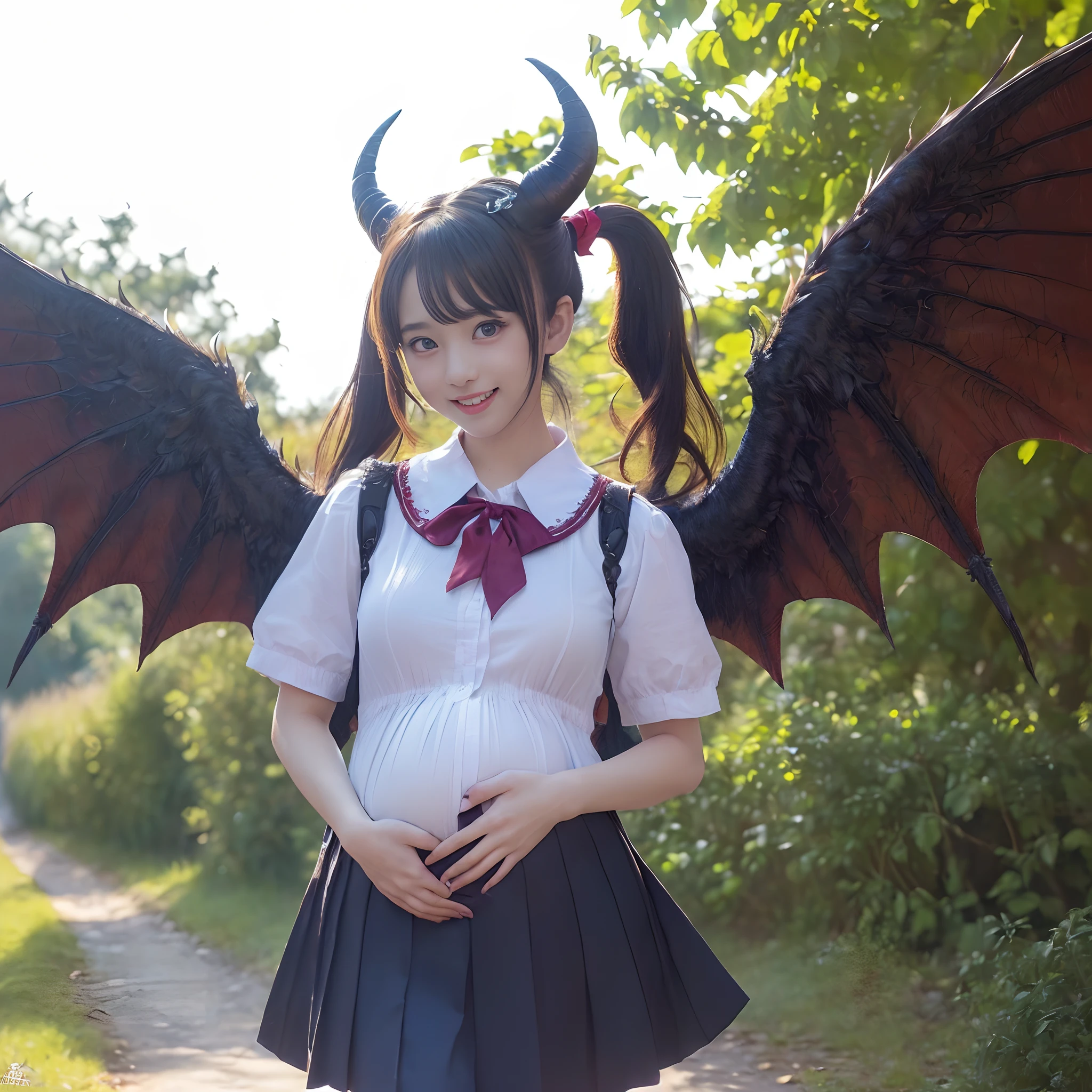 (((masutepiece、top-quality)))((1 girl、White short-sleeved shirt、Red ribbon on chest、Navy skirt、high-school uniform))、((Huge and intricate demon wings,Wings with a very elaborate texture,Wings with a very complex texture,Creature wings with a very realistic texture,Wings with the most exquisite texture、Perfectly reproduces the texture of creepy feathers、Very flaky and detailed wing texture、Wings of a terrifying monster,Terrible and ugly wings、The most terrifying wings、Wings with unimaginably complex textures、The most terrifying and creepy wings、Huge, Lumpy devil's horns、Corners of the most complex textures、Photorealistic Devil's Wings、Photorealistic Devil's Horns、The most terrifying devil's wings、Unimaginably terrifying wings、Big Devil's Horn,Realistic and big horns,Very complex and terrifying demon horns、Creepy horns,Horn with a very elaborate texture、Terrible and ugly horns、((The background is the route to school、Walking along the school route surrounded by nature、Walking on the way to school))、8K,An ultra-high picture quality,The most beautiful idol faces,The biggest smile staring at the camera、Happy smiling face、Tightens the waist、Slightly bulging belly、pregnant woman、Toned belly、Pregnant、美丽的面容、Beautiful teeth、natural make up、Natural bright lighting、Twin-tailed、Beautiful twin tails、straight haired、Super Detail Wing、spectacular movie lighting、A slender、Emphasis on chest bulge、bulky, Complex wings