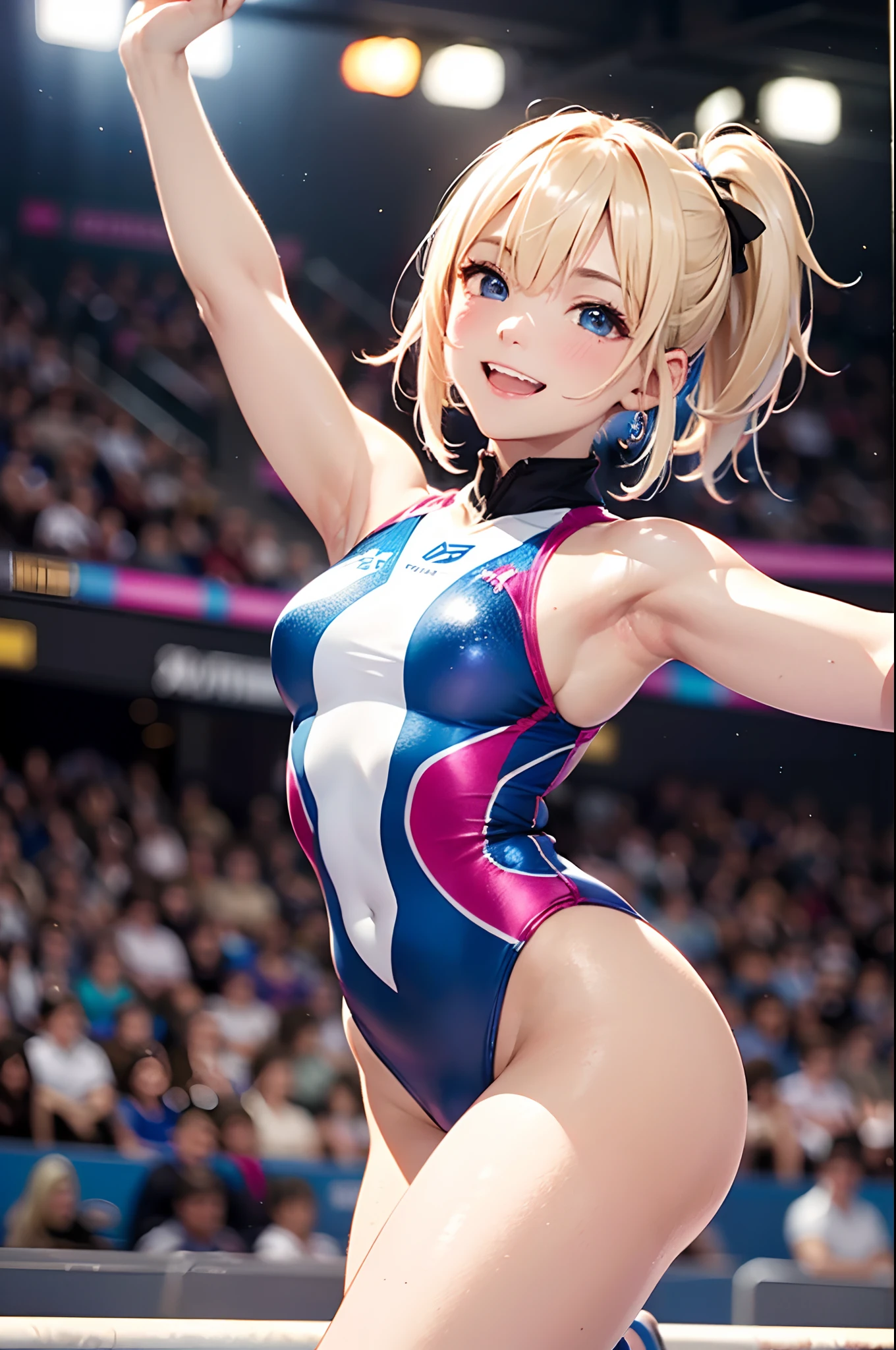 (Official art、Best Quality、Unity 8k Wallpapers、32K、​masterpiece、ultra-detailliert、超A high resolution、realisitic、Photorealsitic:1.2)、(Cinematic lighting:1.2)、(Full body)、Realistic pupils、Sharp pupils、gymnast、foco nítido、Wearing a brightly colored leotard、highleg leotard、(Embarrassed look)、Smile with open mouth、Gymnastics competition venue、There were a lot of people in the audience、It has an enthusiastic audience、(During gymnastics competitions)、platinum-blonde-hair、sky-blue eyes、thighs thighs thighs thighs、poneyTail