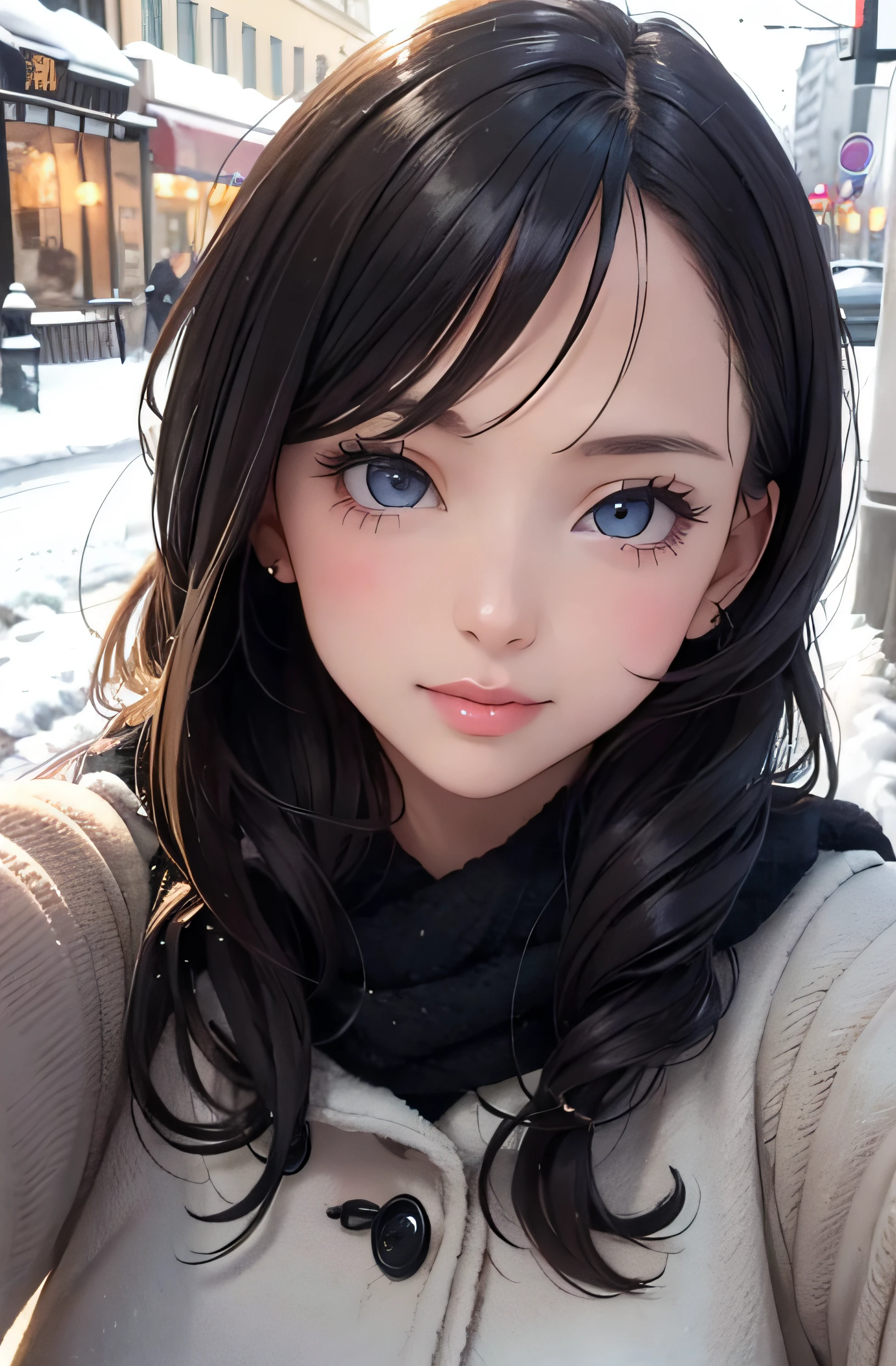 girl in winter clothes, top shot,((selfie)), random background, kiss, beautiful, medium breasts, flirtatious look, ((very detailed)), (perfectly detailed face), (well detailed hand), photorealistic image.
