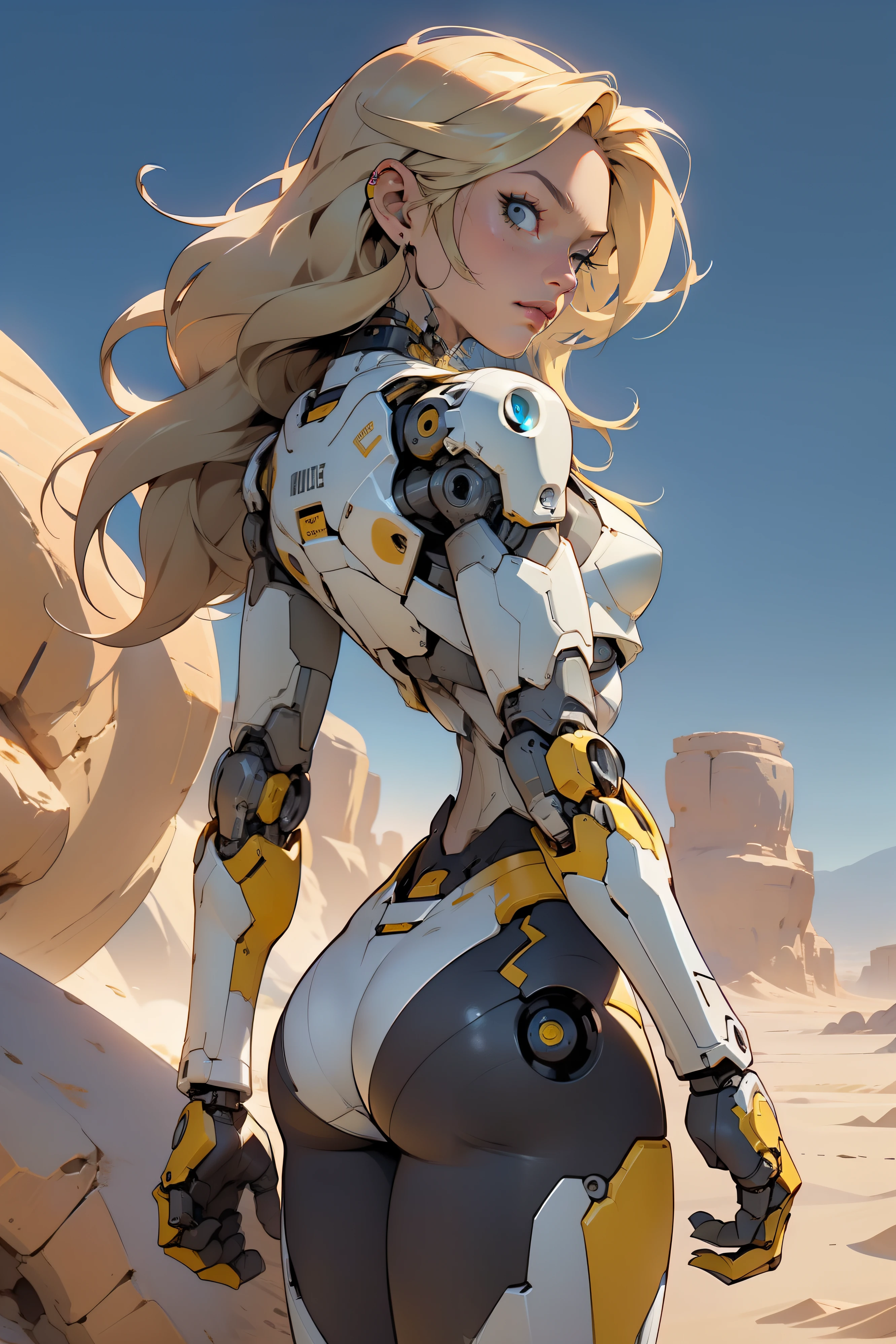 high quality, 4k, masterpiece, beautiful, cyborg girl, cowboy shot, dull eyes, back side, turning around to look at viewer, long blonde hair, girl, small breasts, fit thigh, robotic arms, robotic body, cyborg body, yellow accent, redaccent, intricate detail, joint, detailed lines, robotic detail, holding fist up, holding hand up as fist, color robotic parts, robotic parts with color, perfect fingers, on a desert planet, sunny background, colorful desert,