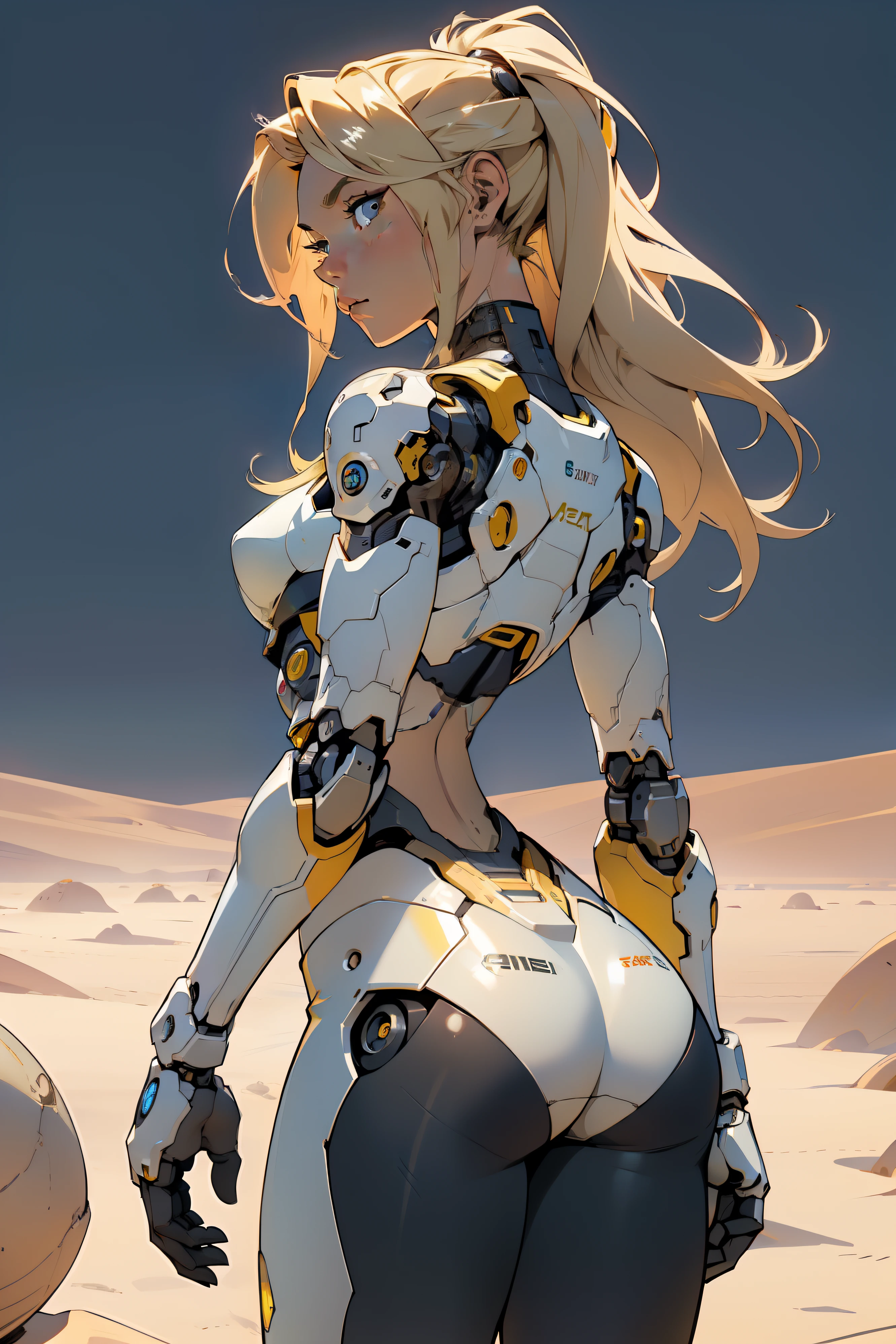 high quality, 4k, masterpiece, beautiful, cyborg girl, cowboy shot, dull eyes, back side, turning around to look at viewer, long blonde hair, girl, small breasts, fit thigh, robotic arms, robotic body, cyborg body, yellow accent, redaccent, intricate detail, joint, detailed lines, robotic detail, holding fist up, holding hand up as fist, color robotic parts, robotic parts with color, perfect fingers, on a desert planet, sunny background, colorful desert,