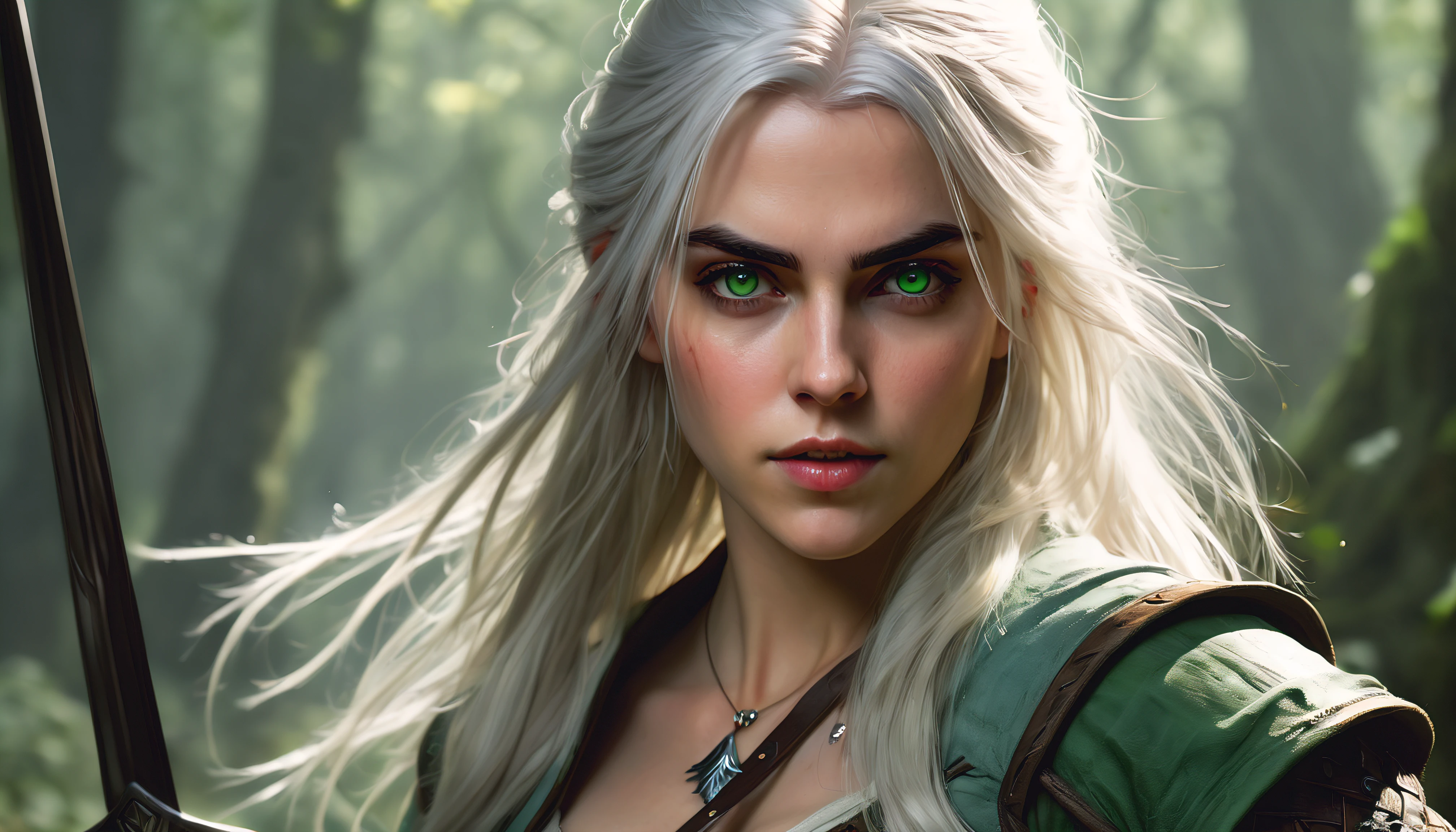 (best quality,highres,realistic:1.37),portrait,character design,fantasy,Ciri,the Witcher,green eyes,detailed eyes and face,long flowing hair,silver sword in her hand,determined expression,elven-like beauty,mysterious background,medieval setting,soft lighting,vivid colors,heroine,strong and confident gaze,handcrafted illustration