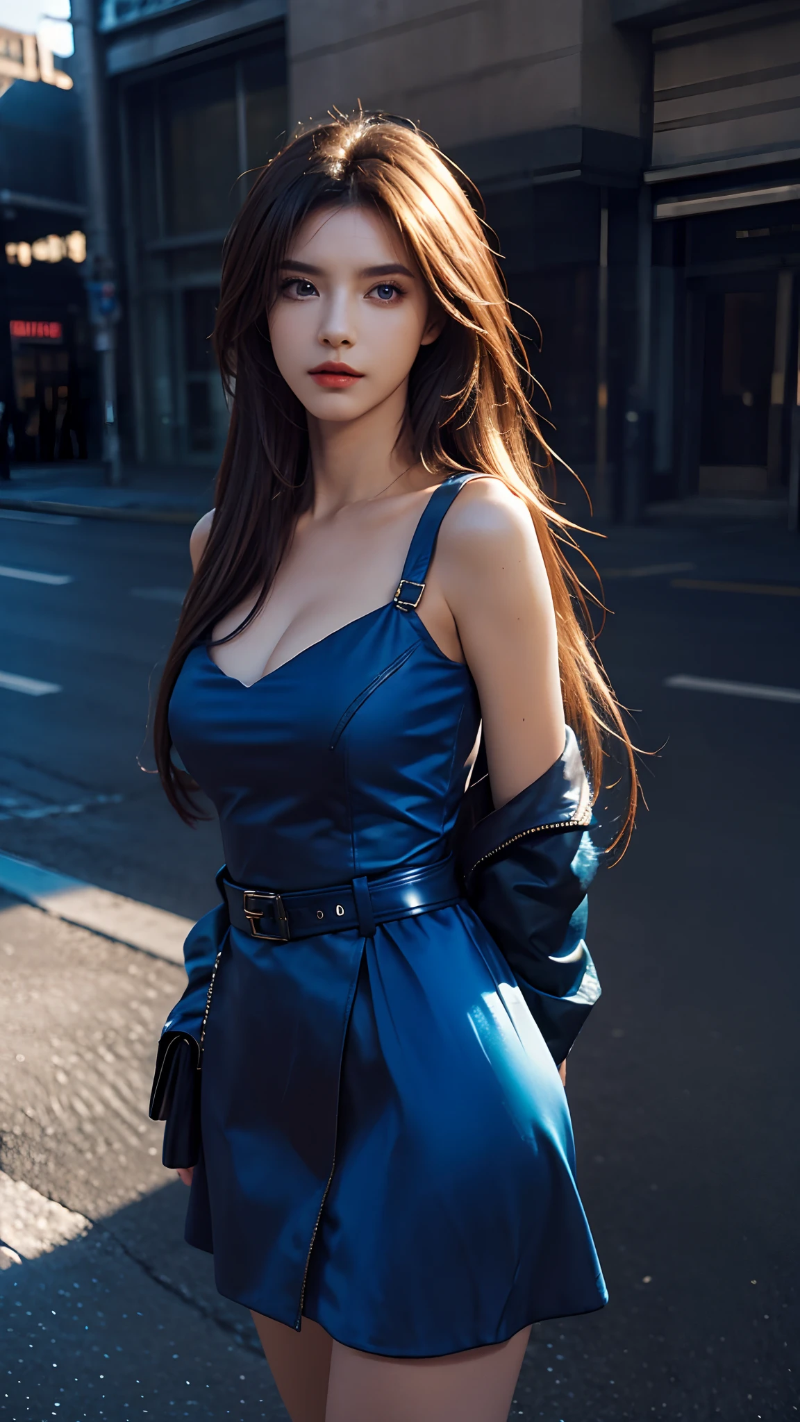 1woman, BalenciagaStyle, top quality, long hair, city from distance as background, attractive pose, detailed eyes, Realistic, model, blue dress, dramatic light, eye highlights, dark, deep shadows, origen, freedom