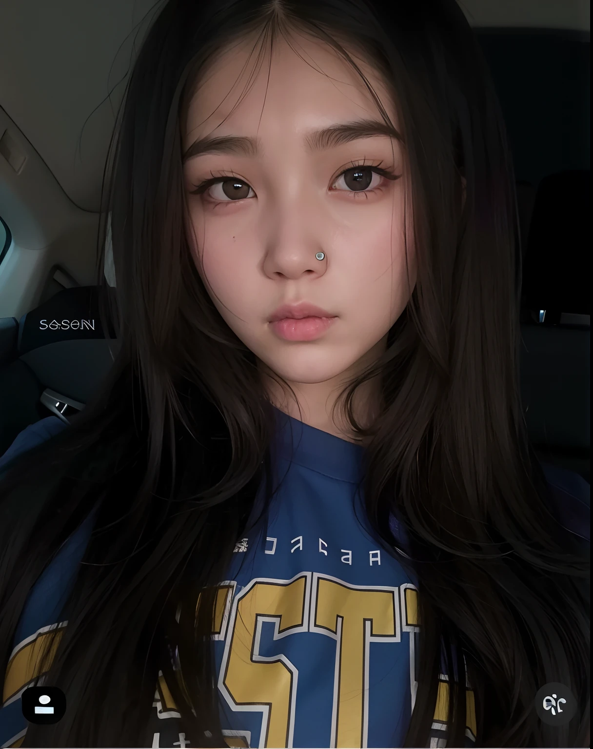 Un primer plano de una persona en un coche con una camisa puesta, 🤤 girl portrait, Chica coreana, con cabello largo y ojos penetrantes, Retrato realista kawaii, ulzzang, Jaeyeon Nam, Joven y adorable rostro coreano, realista. Cheng Yi, Wan adorable cara coreana, Korean symmetrical face, south east asian with round face, pale round face, con cara redonda