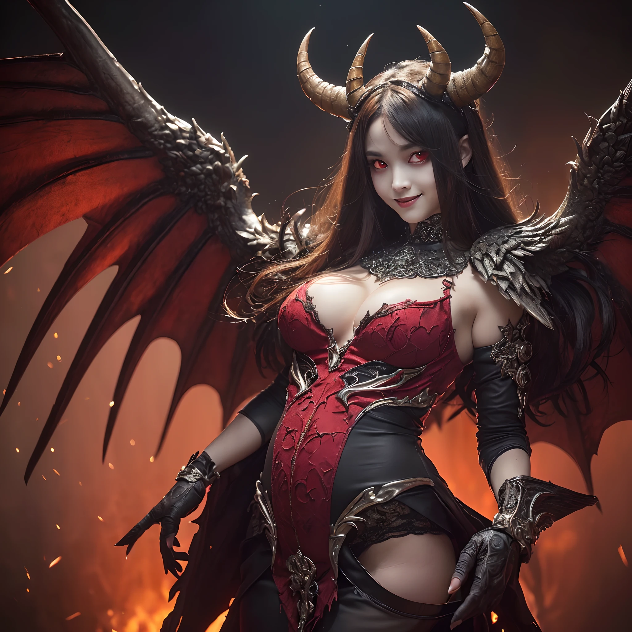 (((masutepiece、top-quality)))、((((eyes glowing red,Glowing red eyes,Glowing red eyes))))、((A very terrifying demon queen,Final form as a complete demon,The Devil's Masterpiece,demon king,The most dignified demon,Intricate and solemn dresses,Complex and majestic demon statue,The most majestic form of the devil,The most complex depictions of demons,Precise reproduction of perfect devilish details)),Pregnant,Most beautiful face,((Huge and intricate demon wings,Wings with a very elaborate texture,Wings with a very complex texture,Creature wings with a very realistic texture,Wings with the most exquisite texture、Perfectly reproduces the texture of creepy feathers、beautiful smiling face、a smile、The background is the most complex medieval castle、The background is a complex and eerie castle、Very flaky and detailed wing texture、Wings of a terrifying monster,Terrible and ugly wings、The most terrifying wings、Wings with unimaginably complex textures、The most terrifying and creepy wings、Huge, Lumpy devil's horns、Corners of the most complex textures、Photorealistic Devil's Wings、Photorealistic Devil's Horns、The most terrifying devil's wings、Unimaginably terrifying wings、Big Devil's Horn,Realistic and big horns,Very complex and terrifying demon horns、Creepy horns,Horn with a very elaborate texture、Terrible and ugly horns、The most luxurious and intricate dresses,The biggest smile staring at the camera,,Chest that seems to burst,Giant wings of the devil,The background is the perfect Devil's Castle look,masutepiece,8K,very intricate,ultra-detailliert
