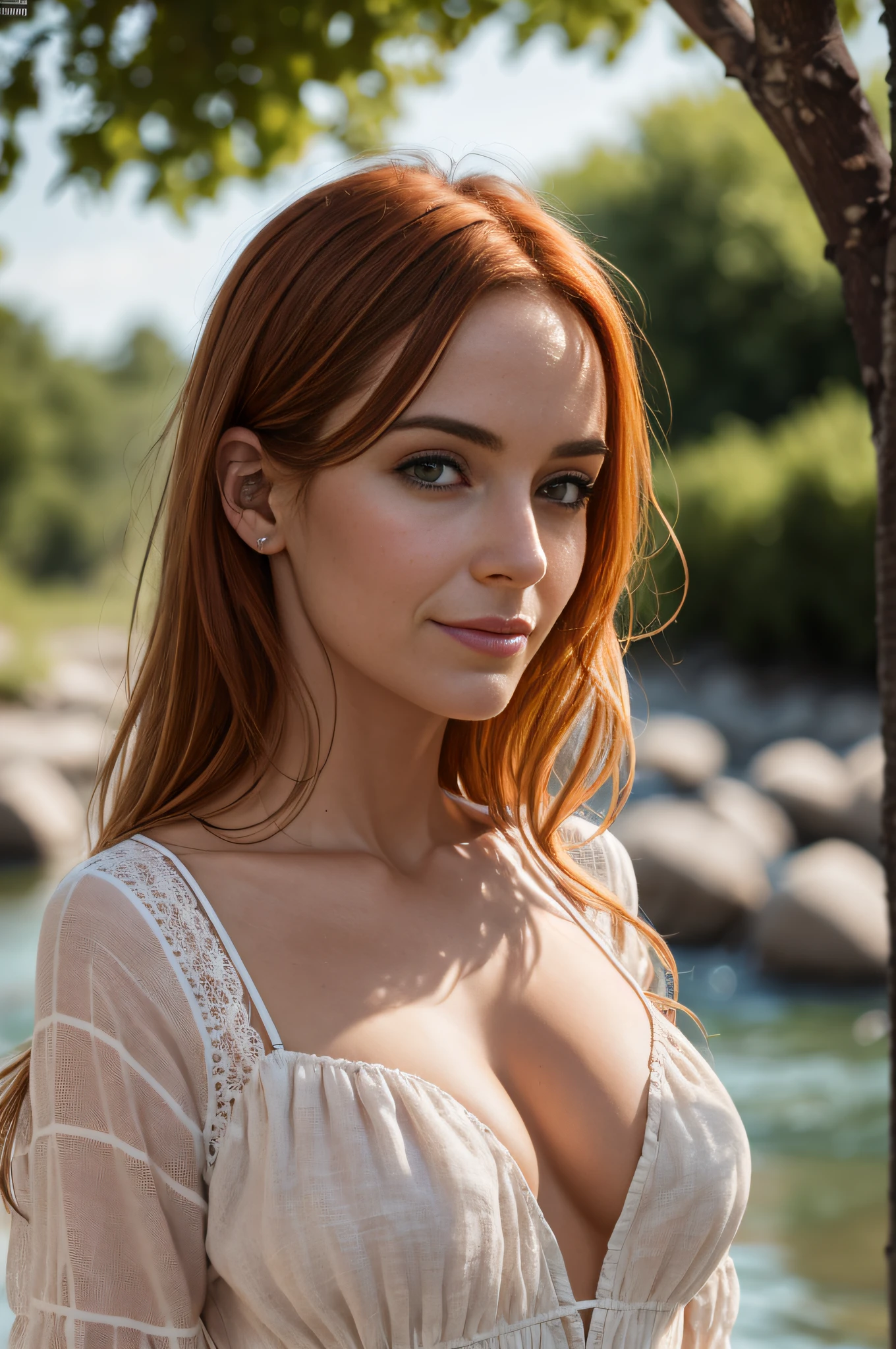 Portrait d'une rousse de 36 ans, Frenchwoman, Chest close-up, Disjointed cream-colored linen bustier, les mains dans les cheveux, Ultra-detailed skin texture, sexuality, seduction, regard amoureux, Slight smile,nature, river, rochers, arbres, soleil couchant, cinematic rendering, 32K, facial sharpness