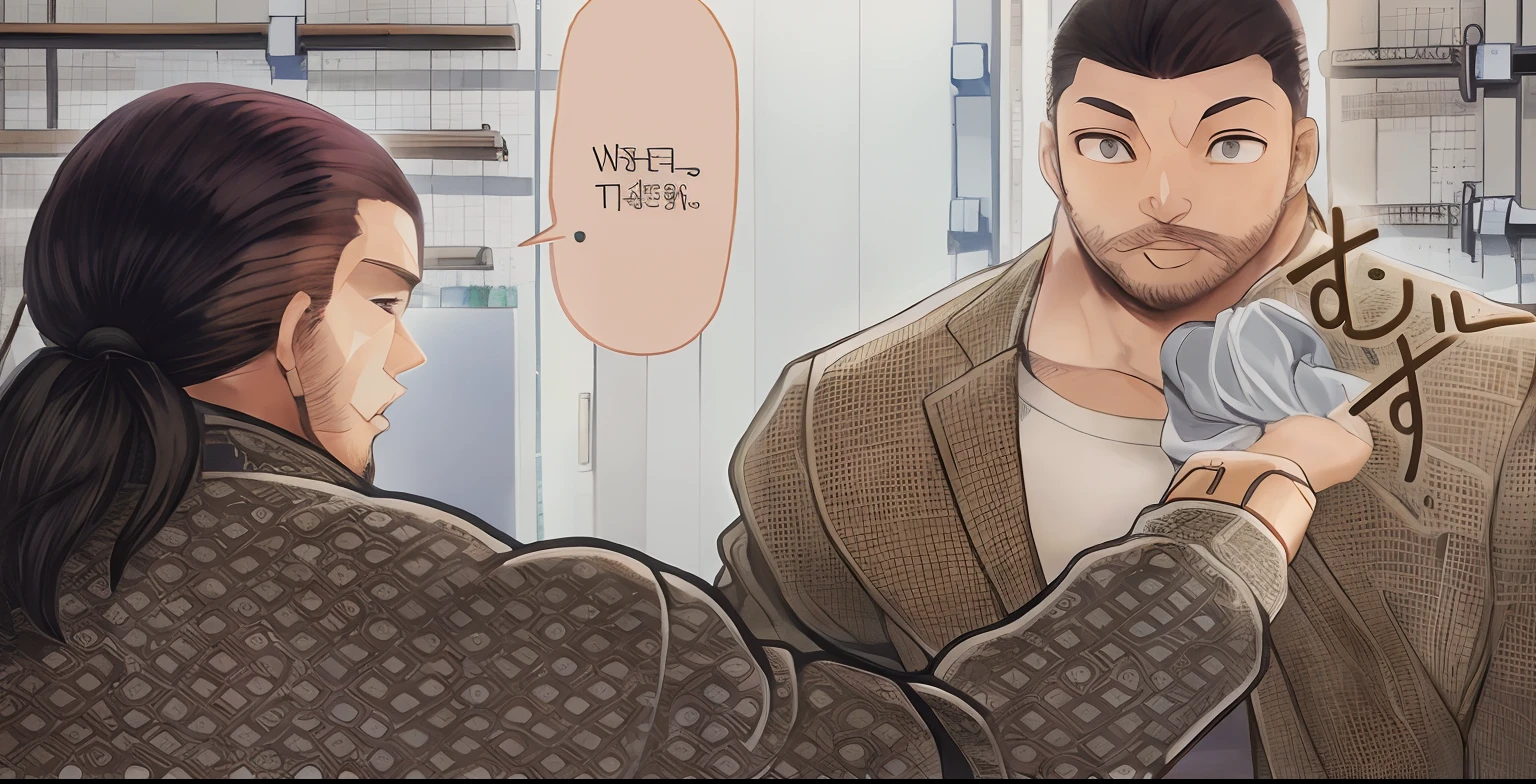 Imagen de anime de un hombre agarrando el saco de otro hombre, panel manga