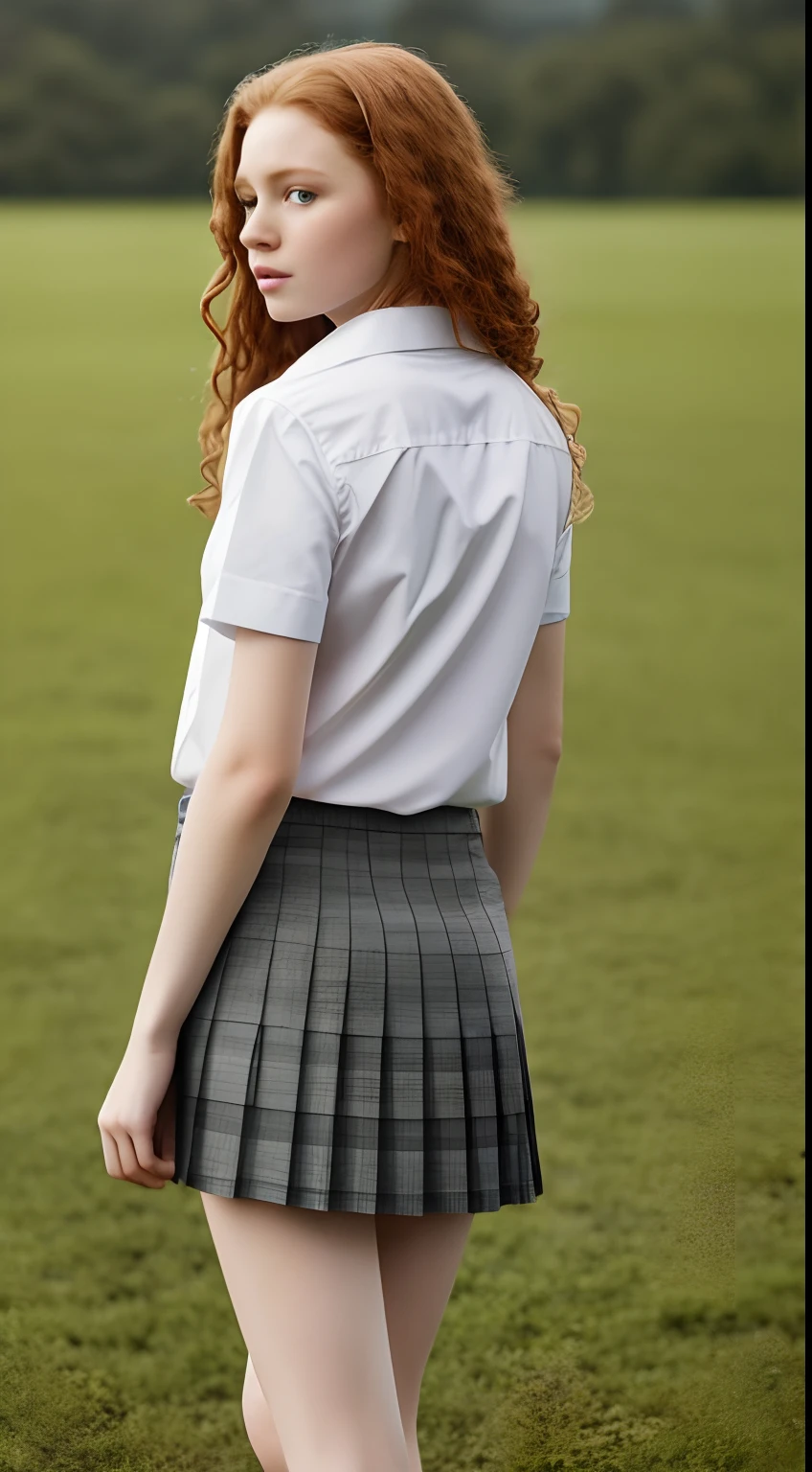 1girl in, , Solo, Aesthetic artwork, irish redhead, wavy ginger hair, shoulder length ginger hair, gray eyes, light grey eyes, some small freckles, pale skin, small breasts, runners body, fullbody shot, perfect tense, (textured skin, skin pores:1.1), (moles:0.8), imperfect skin, goosebumps, (Pose with back to camera), ((ultra short skirt)), ass, shirt, beautiful nature location, around flower location, (detailed background), plaid skirt, white shirt, Show a little chest through the shirt, loafers, blurry background, blurry, holding, plaid, short sleeves, water, school uniform, jewelry, parted lips, lips, from side, pleated skirt, depth of field,, in a soccer field, staring staring away at nothing, sad, depressed expression, (extremely detailed 8k wallpaper), soft lighting, high quality, film grain, Fujifilm XT3 sharp focus, f 5.6, 50mm, High Detail, Sharp focus,(natural light), (seductive), Realistic, ultra realistic, photo realistic, crazy details, complex details, hyper detailed,