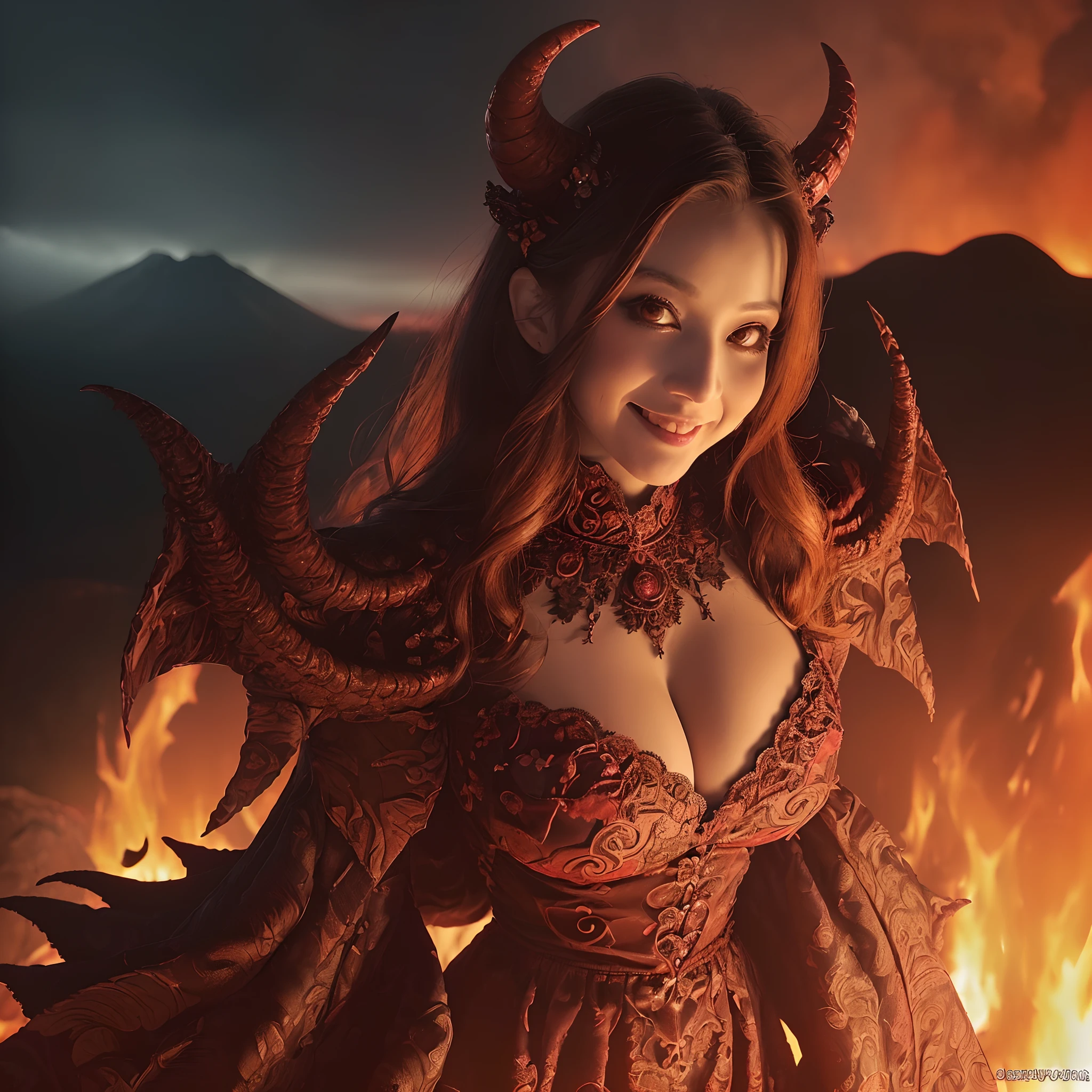 (((masutepiece、top-quality、The most complex and detailed details)))、((((eyes glowing red,Glowing red eyes,Glowing red eyes)))),((A very beautiful demon queen,Luxurious Long Dress Skirt,A detailed face,A large amount of lava flows in the background,Lava flowing in large quantities,Giant Devil Tiara,Big Princess Dresses,Final form as a complete demon,The Devil's Masterpiece,Huge and intricate demon wings,Big Devil's Horn,Realistic and big horns,Creepy horns,Wings with a very elaborate texture,Wings with a very complex texture,Creature wings with a very realistic texture,Wings of a terrifying monster,The most intricate and luxurious gothic dresses,Bright red lipstick,The most gorgeous princesses dress up with achievements,The most beautiful princesses in the world,Spooky and beautiful demons,The cutest face,Intricate and solemn black dress,The background is intricate and detailed volcanic lava, Evil and beautiful demon,The most majestic appearance of the Demon Queen,Huge Queen Tiara,The most complex depictions of demons,Accurate reproduction of perfect demonic details,The appearance of an unimaginably gorgeous demon,The unimaginably huge and beautiful appearance of the demon)),((Lava erupts violently,Lava splashes,Glowing lava,Sea of lava,lava river,Lava flowing out in large quantities,Stand in the crater of a volcano,Realistic and complex lava)),((Most beautiful face,Half Japan and half Spanish,The happiest smile,Beautiful wavy hair,The most luxurious and intricate dresses,The biggest smile staring at the camera)),,Chest that seems to burst,A dress that tightens the waist,Slimed,Colossal tits,Emphasize body lines,Giant wings of the devil,masutepiece,8K,very intricate,ultra-detailliert