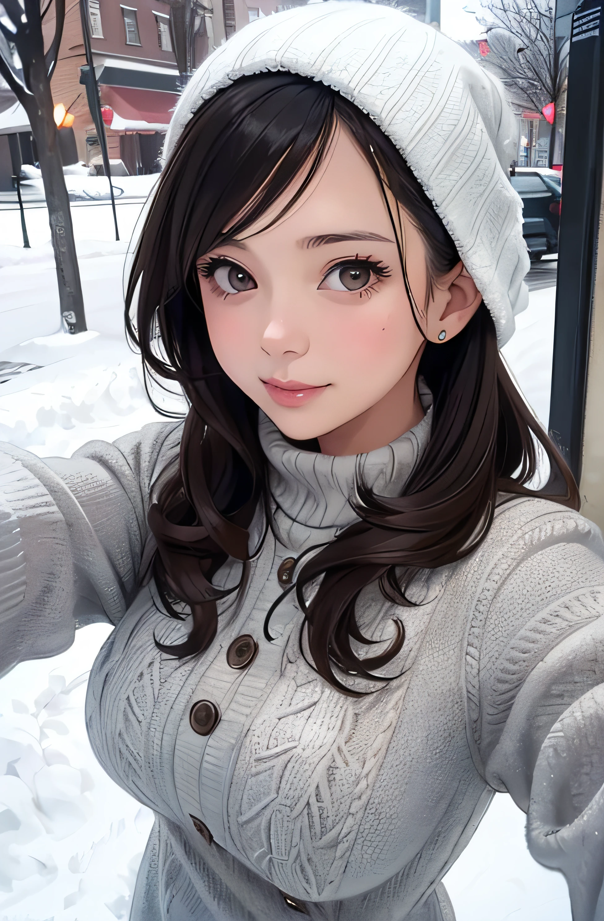 girl in winter clothes, top shot,((selfie)), random background, kiss, beautiful, medium breasts, flirtatious look, ((very detailed)), (perfectly detailed face), (well detailed hand), photorealistic image.