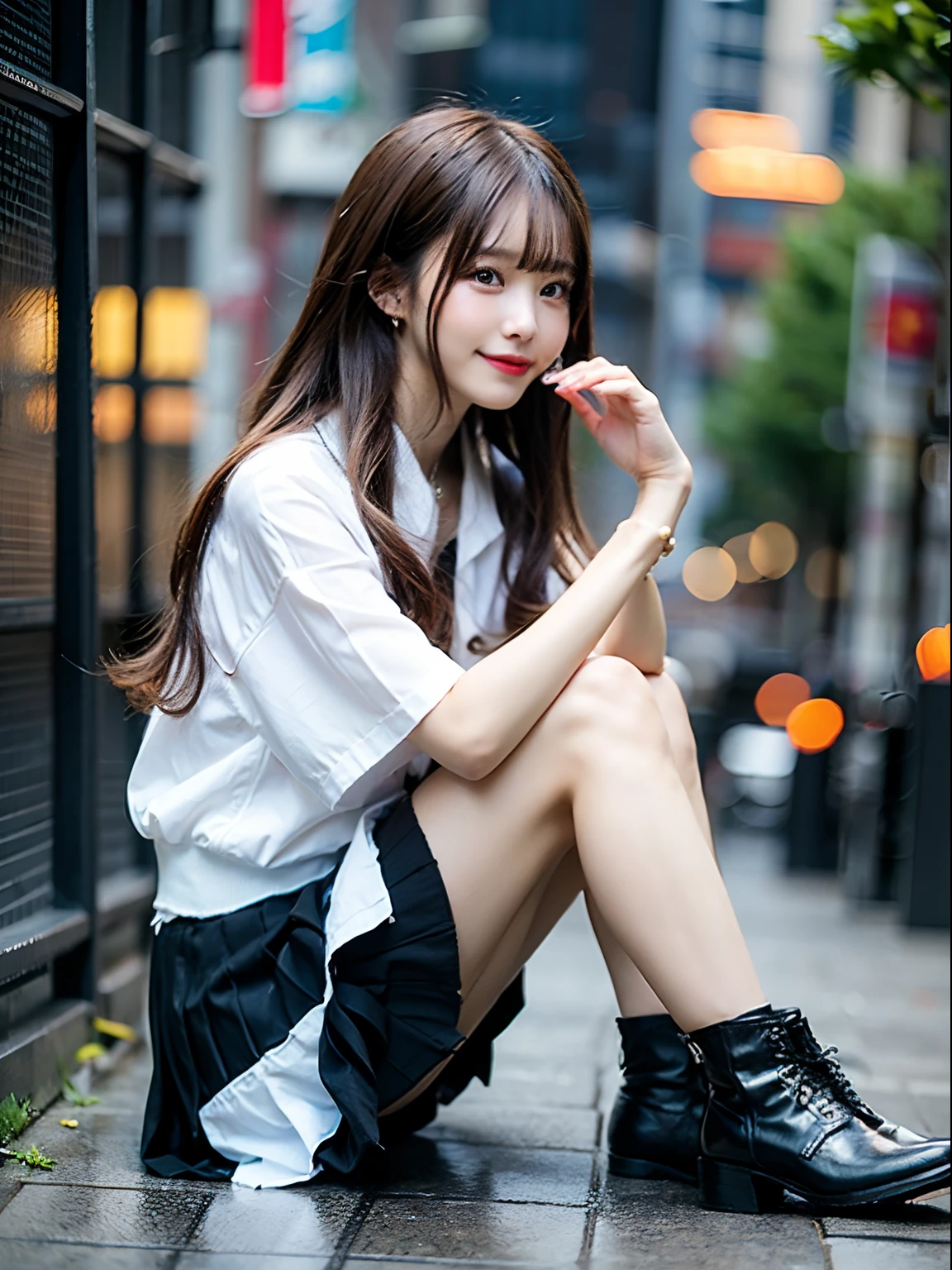 hight resolution,masutepiece,Best Quality,Extremely detailed, hyper realisitic, girl with, sitting, Put your hands on your knees, hair wavy, a smile, Black pleats skirt, white oversize shirt,Avert your eyes, profile, Very beautiful,cute, 8K Wallpaper, Fine detail, Very detailed 8k wallpaper