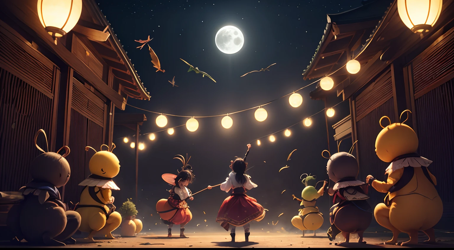 Fifteenth Night Full Moon Background、Susumushi、cricket、grasshopper、Singing and playing while dancing