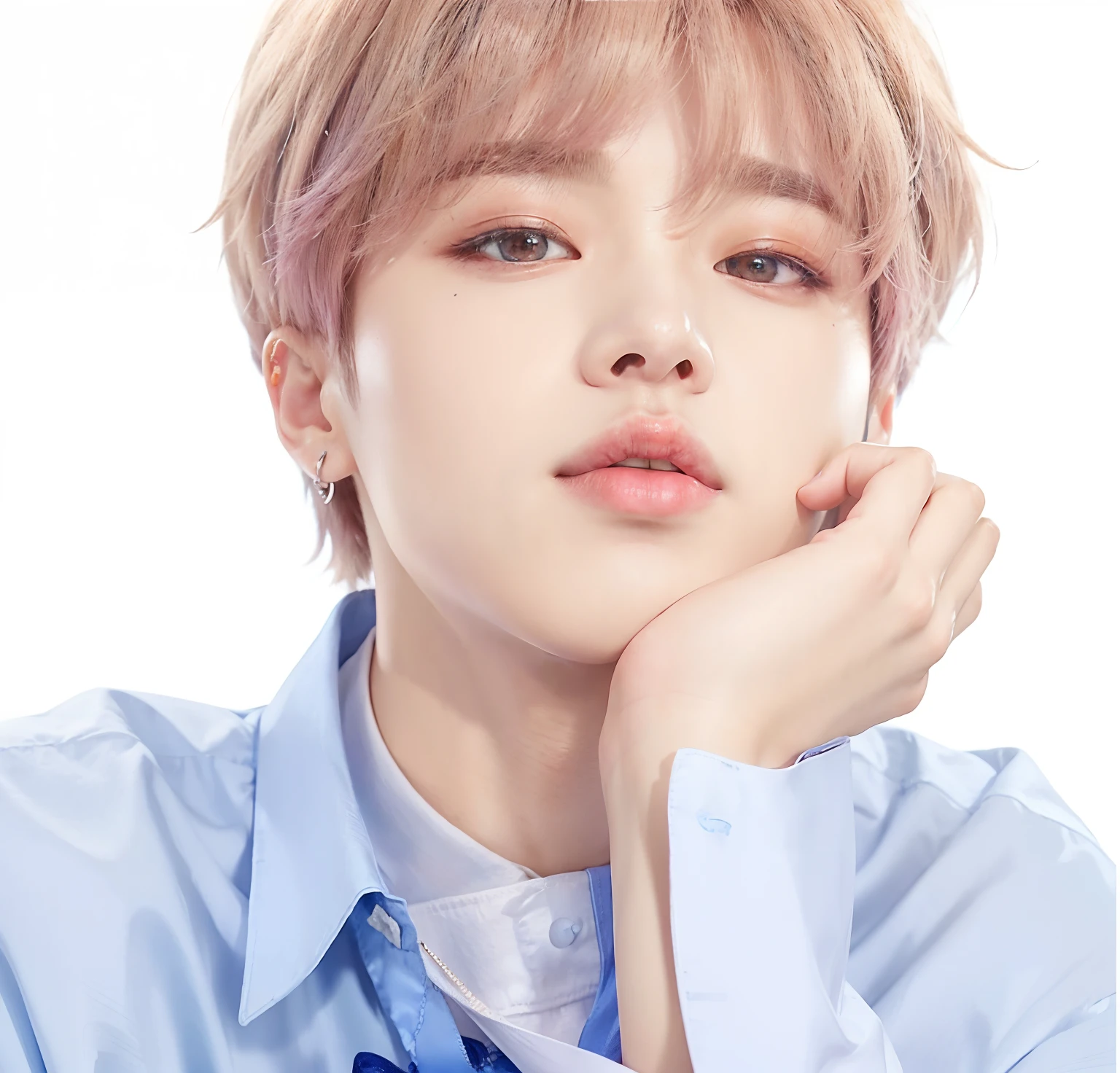 a close up of a person with a blue shirt and a tie, jimin\'s plump lips, jimin, park jimin, jimin\'s grecian nose, accurate jimin face, jimin\'s right eyelid swollen, hyung tae, portrait of kpop idol, jung jaehyun, portrait of jossi of blackpink, yanjun chengt, bts, hong june hyung