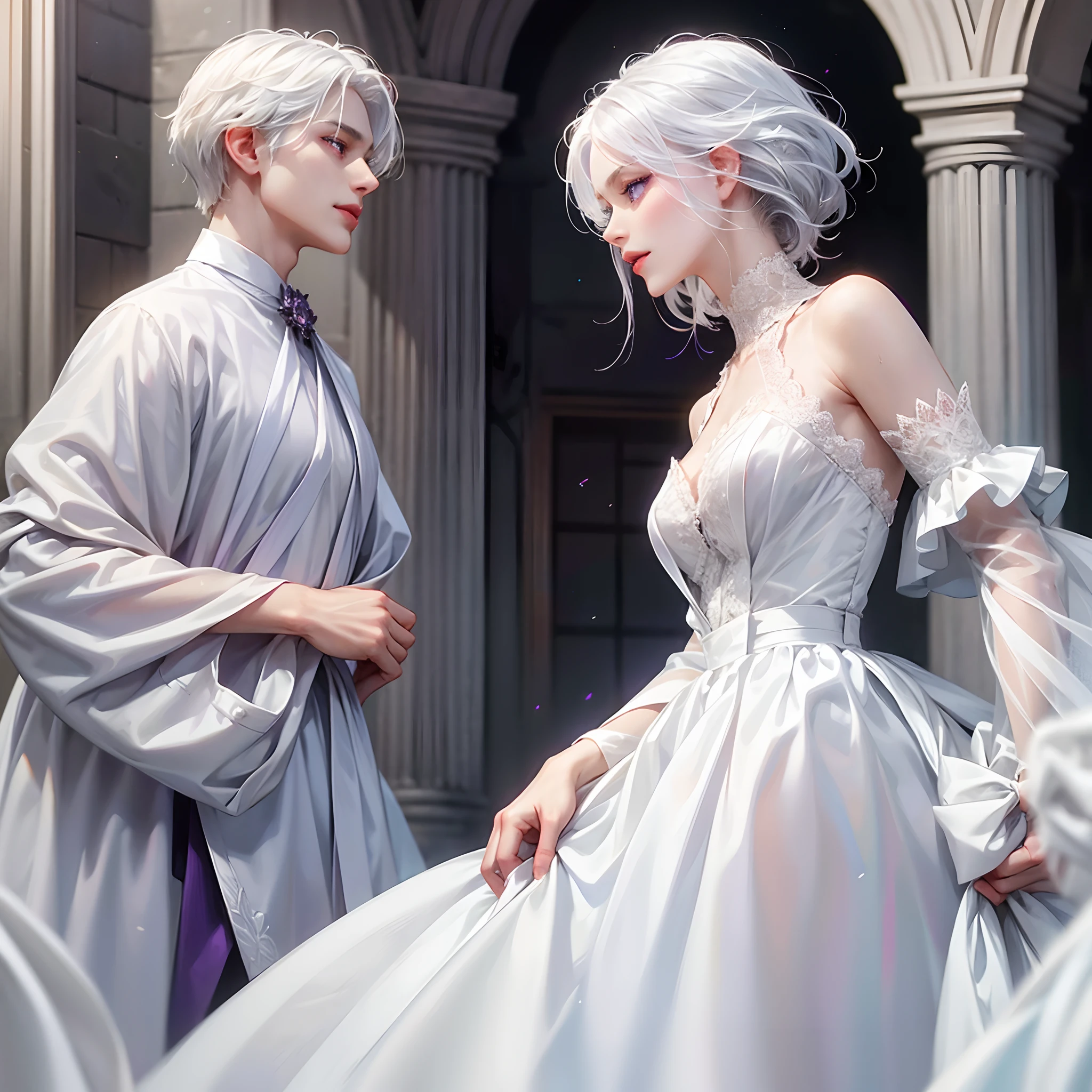a women, white hair, purple eyes, white dress