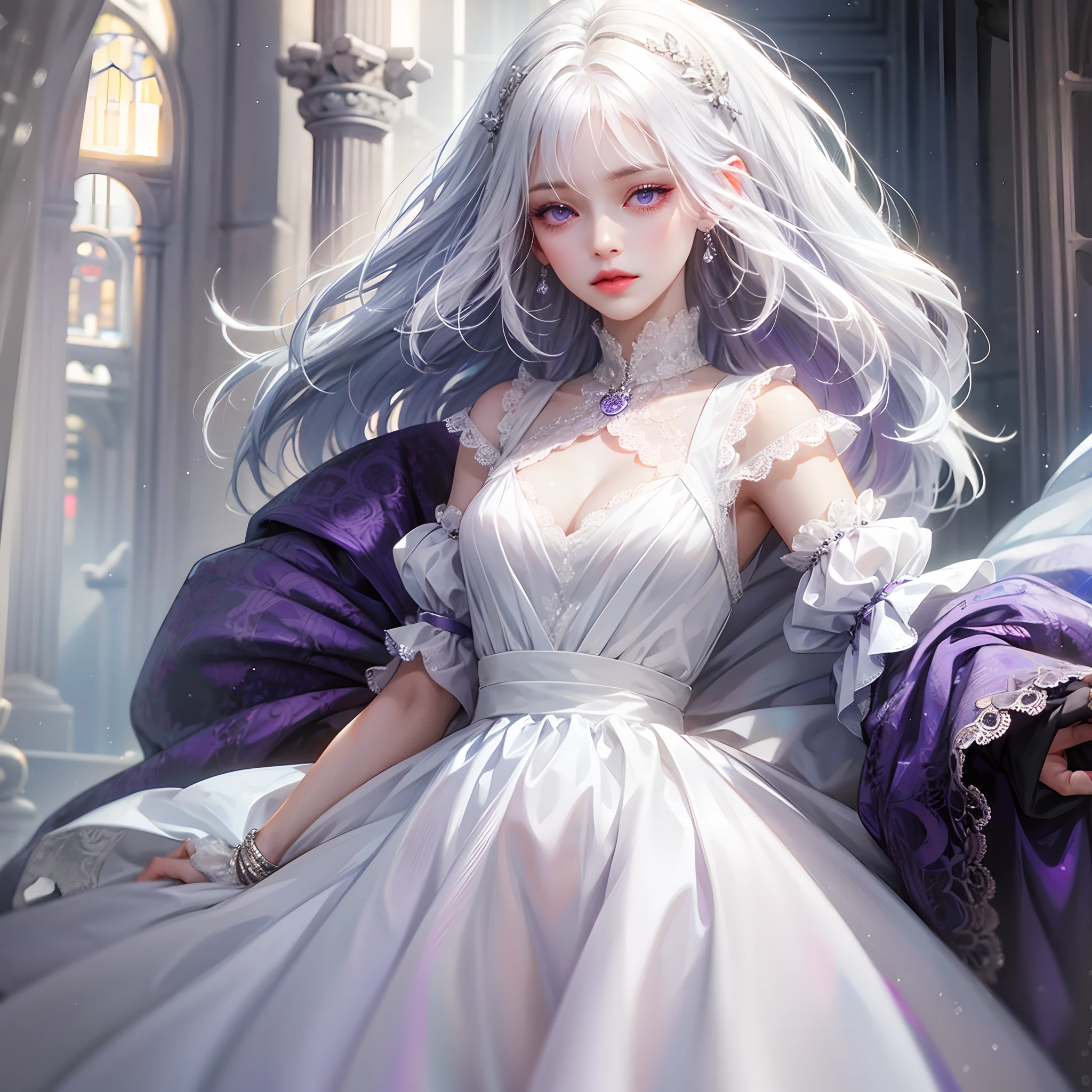 a women, white hair, purple eyes, white dress
