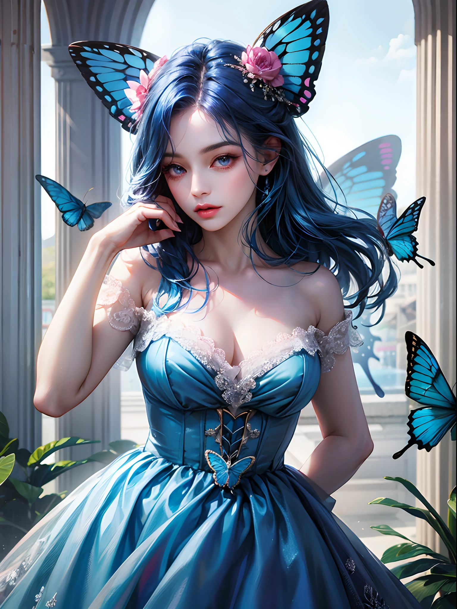 a women, blue butterfly, blue hair, pink eyes, blue dress