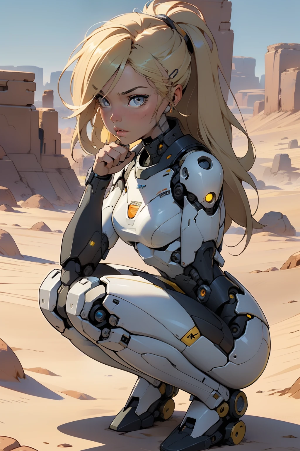 high quality, 4k, masterpiece, beautiful, cyborg girl, cowboy shot, dull eyes, squatting down, backside, turning around to look at viewer, long blonde hair, girl, small breasts, fit thigh, robotic arms, robotic body, cyborg body, yellow accent, redaccent, intricate detail, joint, detailed lines, robotic detail, holding fist up, holding hand up as fist, color robotic parts, robotic parts with color, perfect fingers, on a desert planet, sunny background, colorful desert,