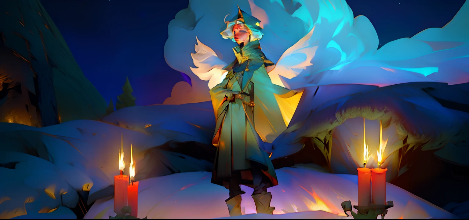 Cartoon character standing in front of a campfire with candles, (octan render) estilo fantasia, a still of an ethereal, vestes verde natureza, Fantasy Style 8k Octane Rendering, vestindo vestes de mago cheias de estrelas, nuvens de fundo, com asas douradas de borboleta.