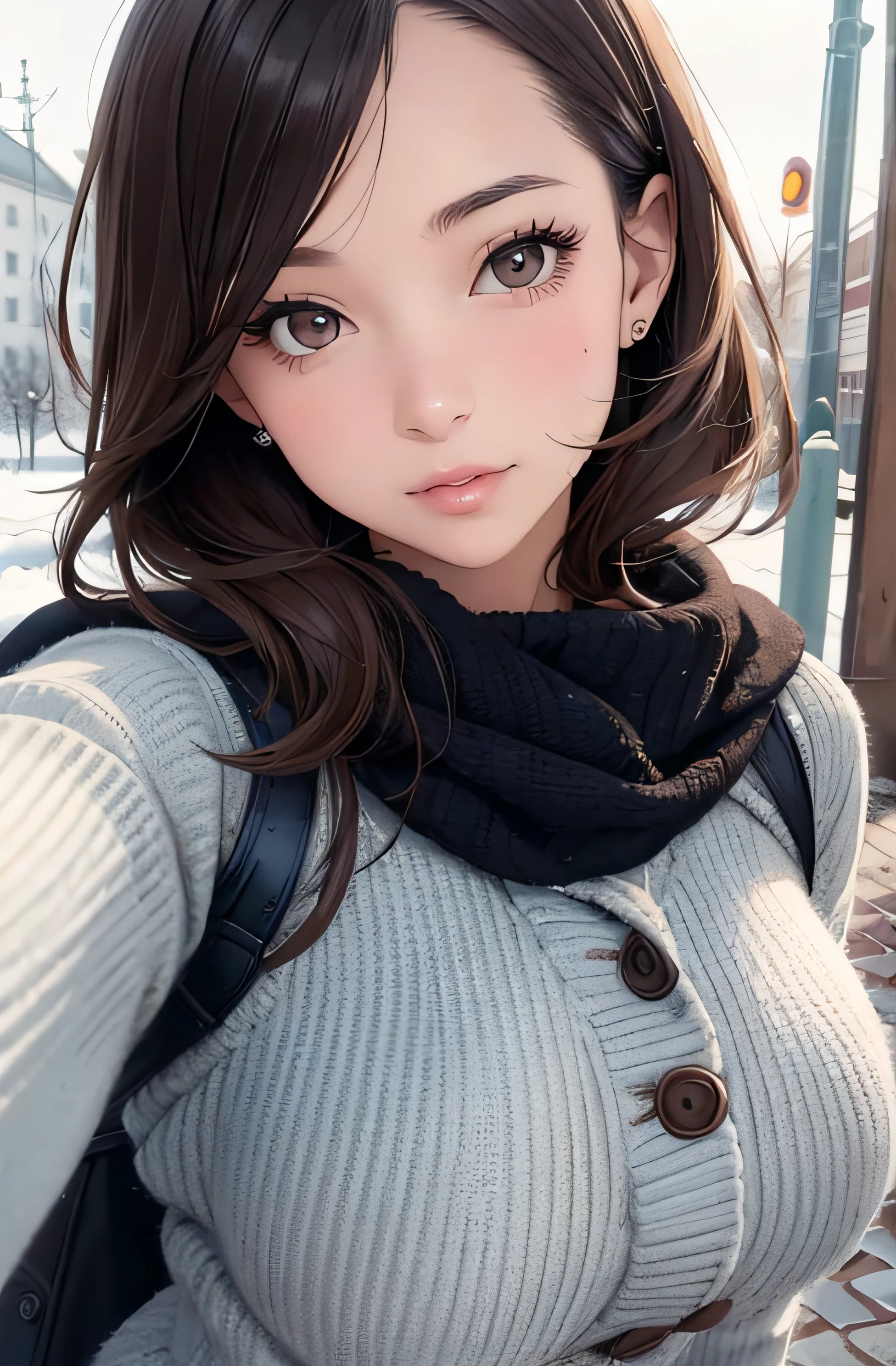 girl in winter clothes, top shot,((selfie)), brown eyes, random background, kiss, beautiful, medium breasts, flirtatious look, ((very detailed)), (perfectly detailed face), (well detailed hand), photorealistic image.