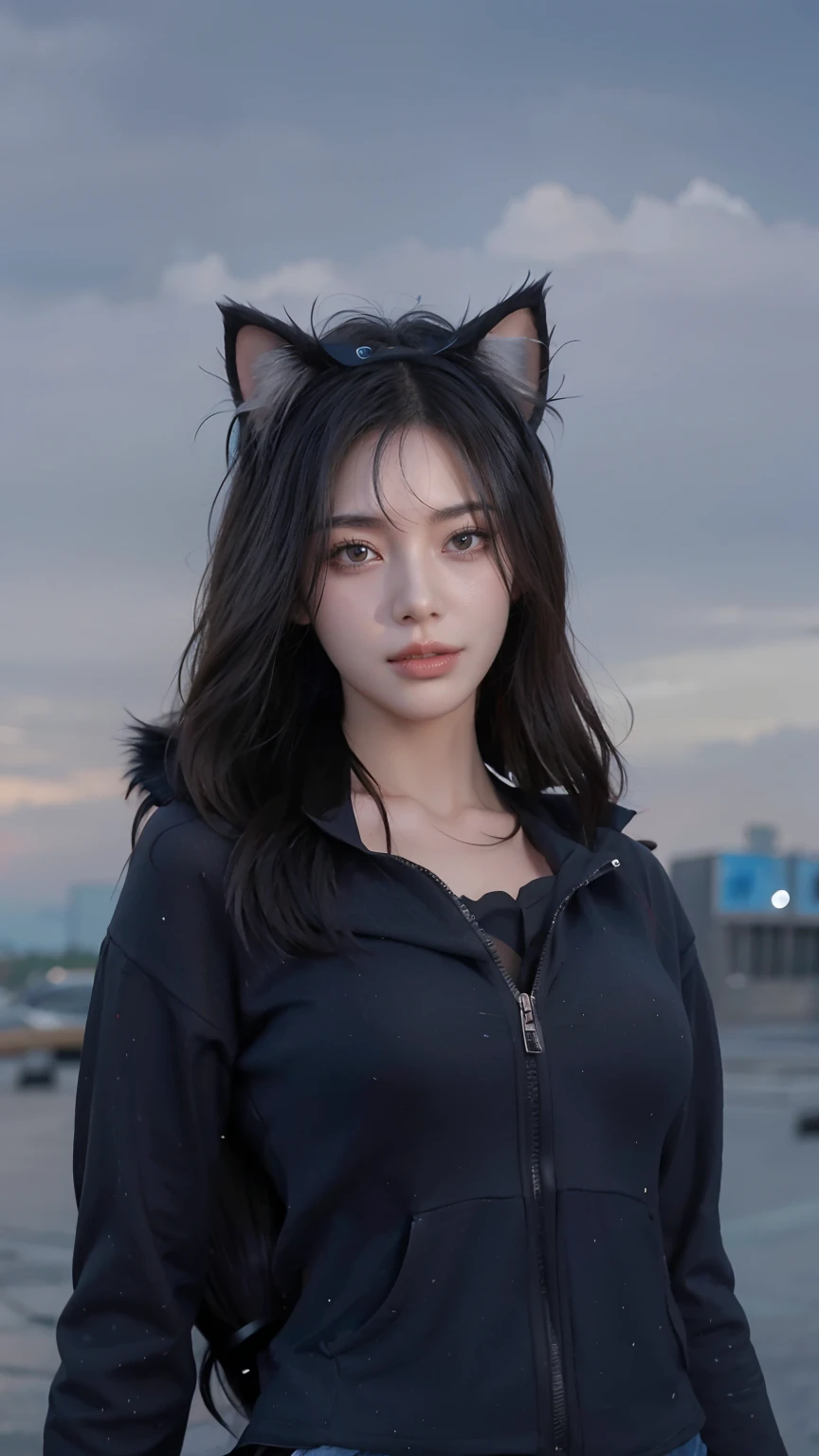 , black hair,  girl with cat ears, (full body), (sky background), the weather is cloudy, bigger boobs,