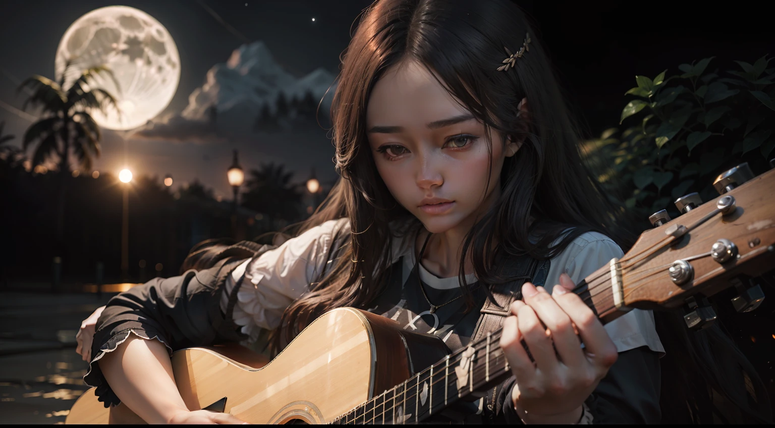 A woman with longhair, playing acoustic guitar outdoor in full moon night ultra realistic 8k