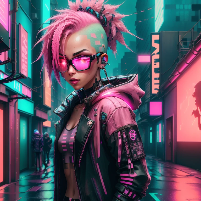 cyberpink girl, alley, night, neon lights, billboard, attractive cyberpunk outfit, shaved head, neon hair, cyberpunk glasses, dystopian