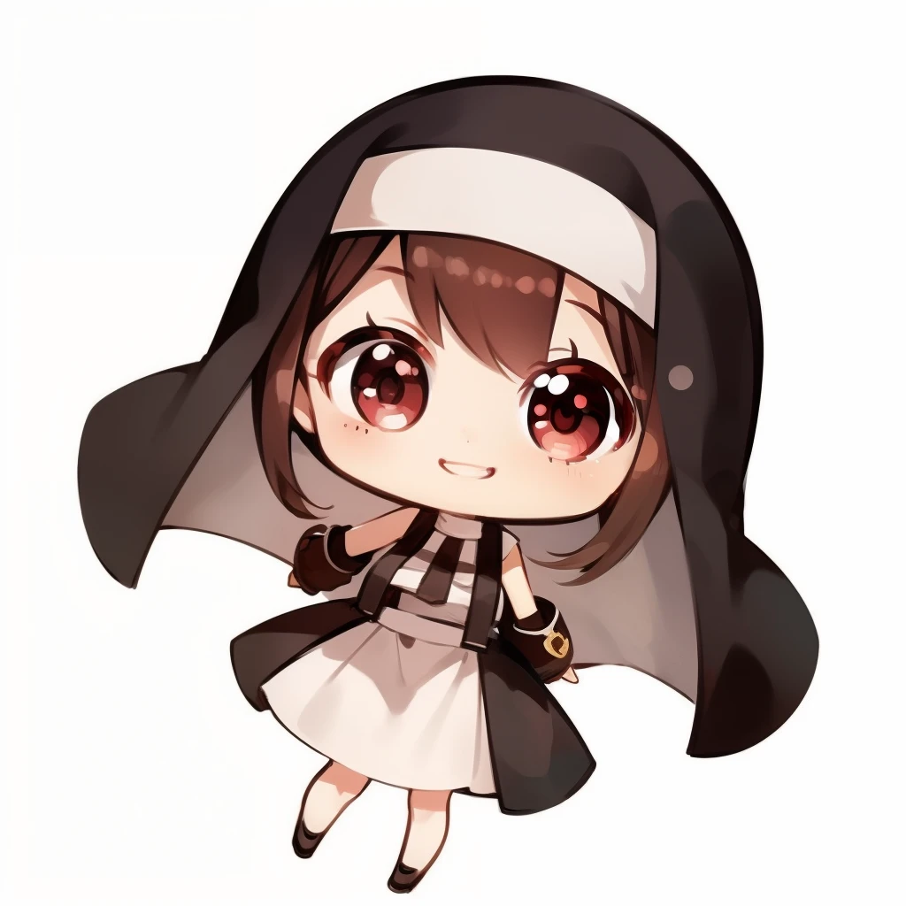 masterpiece, detailed, soft lighting,chibi, white background, simple background,masterpiece,best quality,1girl,full body, Tifa lockhart, god, smiling, wearing nun clothes, brown hair, red eyes